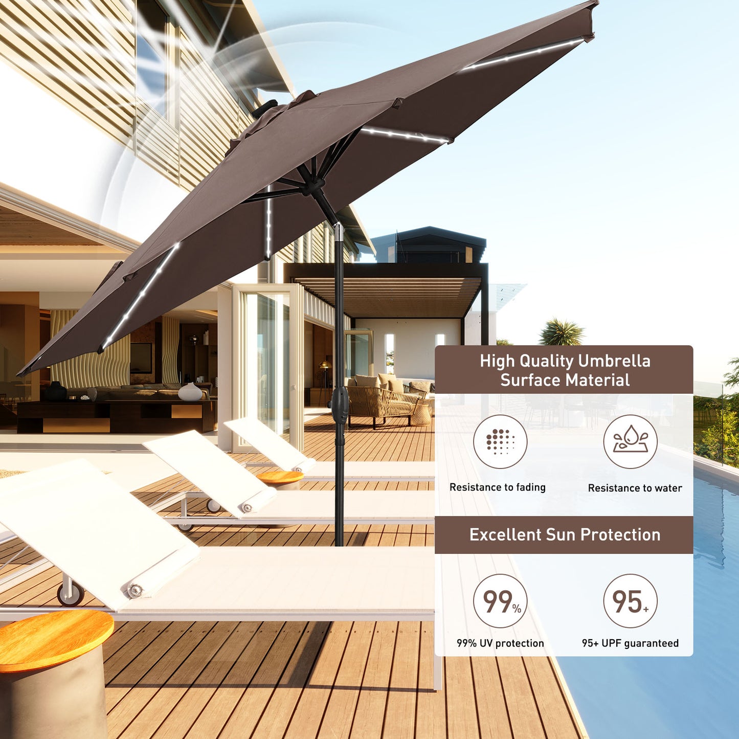 Autlaycil 10 ft Patio Umbrella with 8 LED Strip Lights, Contain Umbrella Base, Button to Tilt, Crank to Adjust Switch (Coffee)