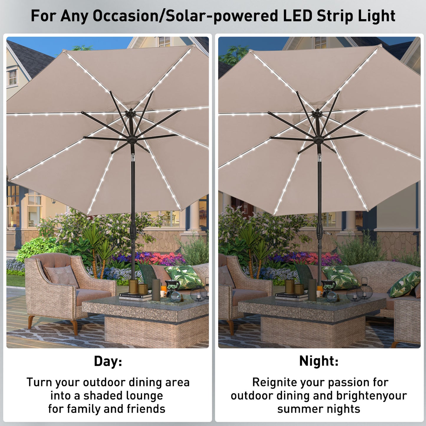 Autlaycil 10 ft Patio Umbrella with 8 LED Strip Lights, Contain Umbrella Base, Button to Tilt, Crank to Adjust Switch (Khaki)