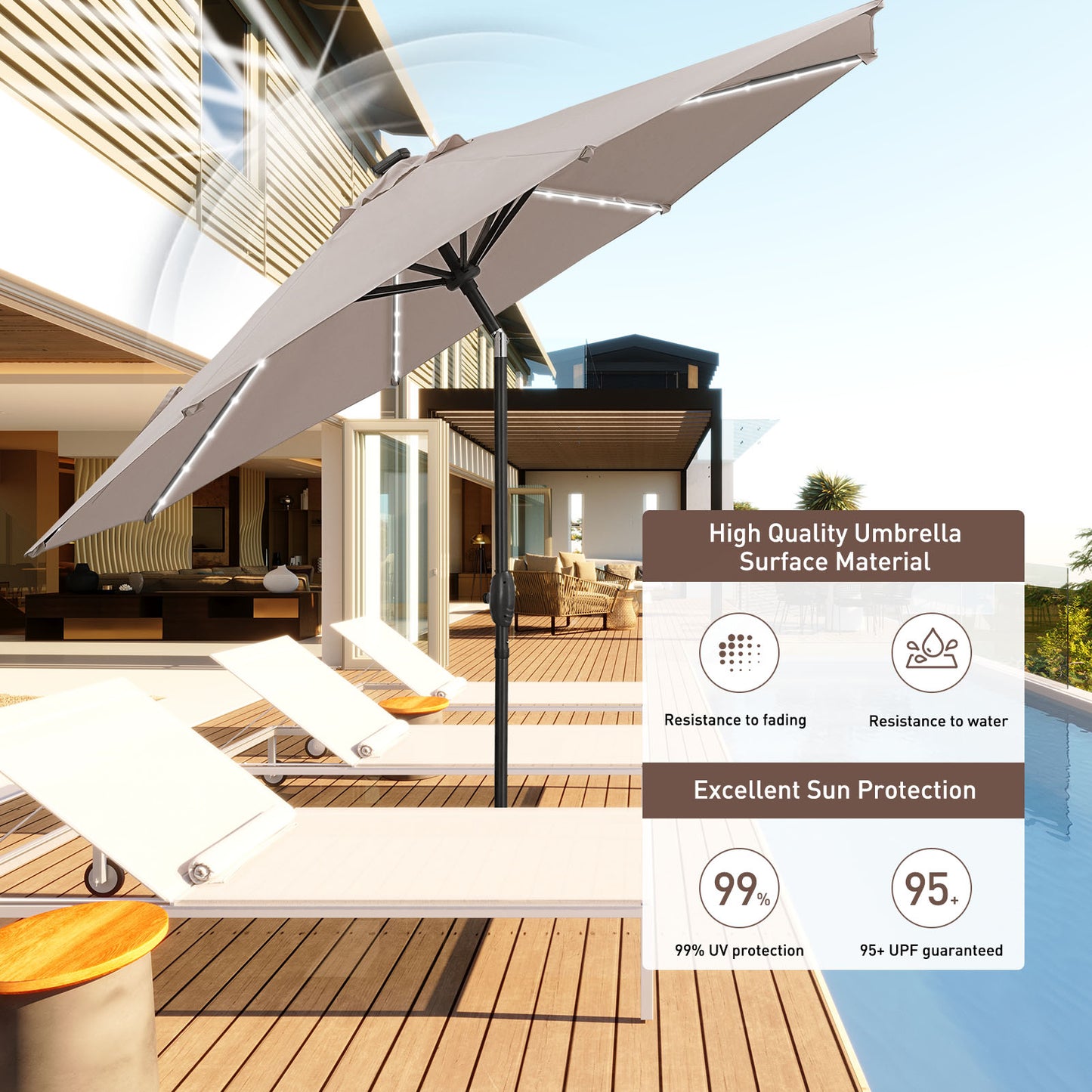 Autlaycil 10 ft Patio Umbrella with 8 LED Strip Lights, Contain Umbrella Base, Button to Tilt, Crank to Adjust Switch (Khaki)
