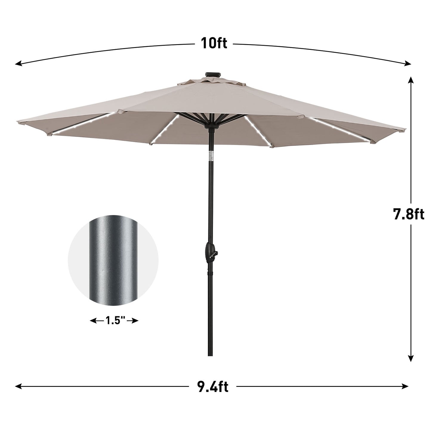 Autlaycil 10ft Patio Umbrellas with 8 Strip Lights Outdoor Market Umbrella with Tilt Crank, Solar Umnrella, Khaki