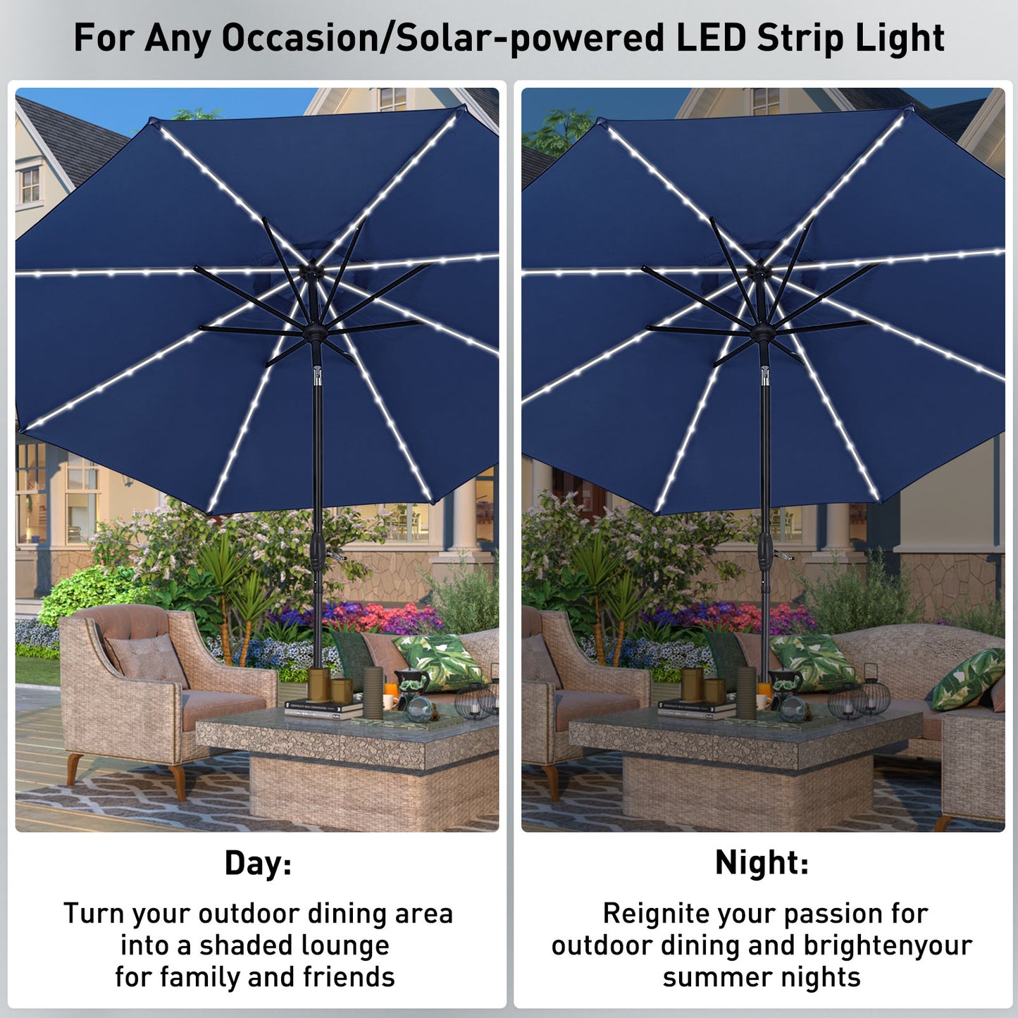 Autlaycil 10 ft Patio Umbrella with 8 LED Strip Lights, Contain Umbrella Base, Button to Tilt, Crank to Adjust Switch (Navy Blue)