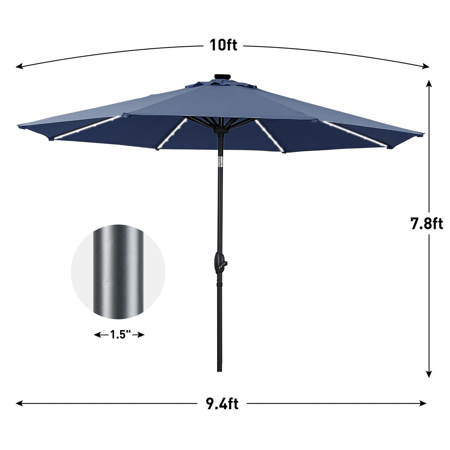 Autlaycil 10ft Patio Umbrellas with 8 Strip Lights Outdoor Market Umbrella with Tilt Crank, Solar Umnrella, Navy Blue