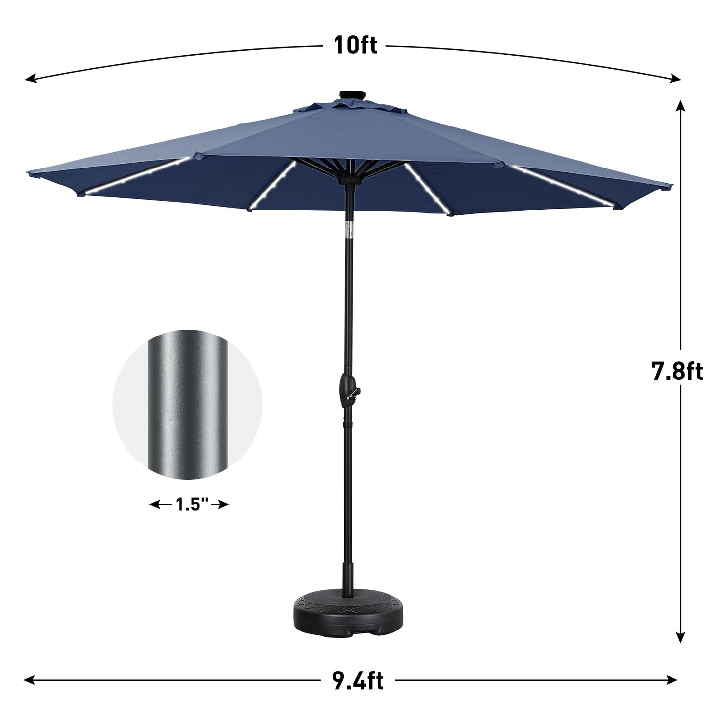 Autlaycil 10 ft Patio Umbrella with 8 LED Strip Lights, Contain Umbrella Base, Button to Tilt, Crank to Adjust Switch (Navy Blue)