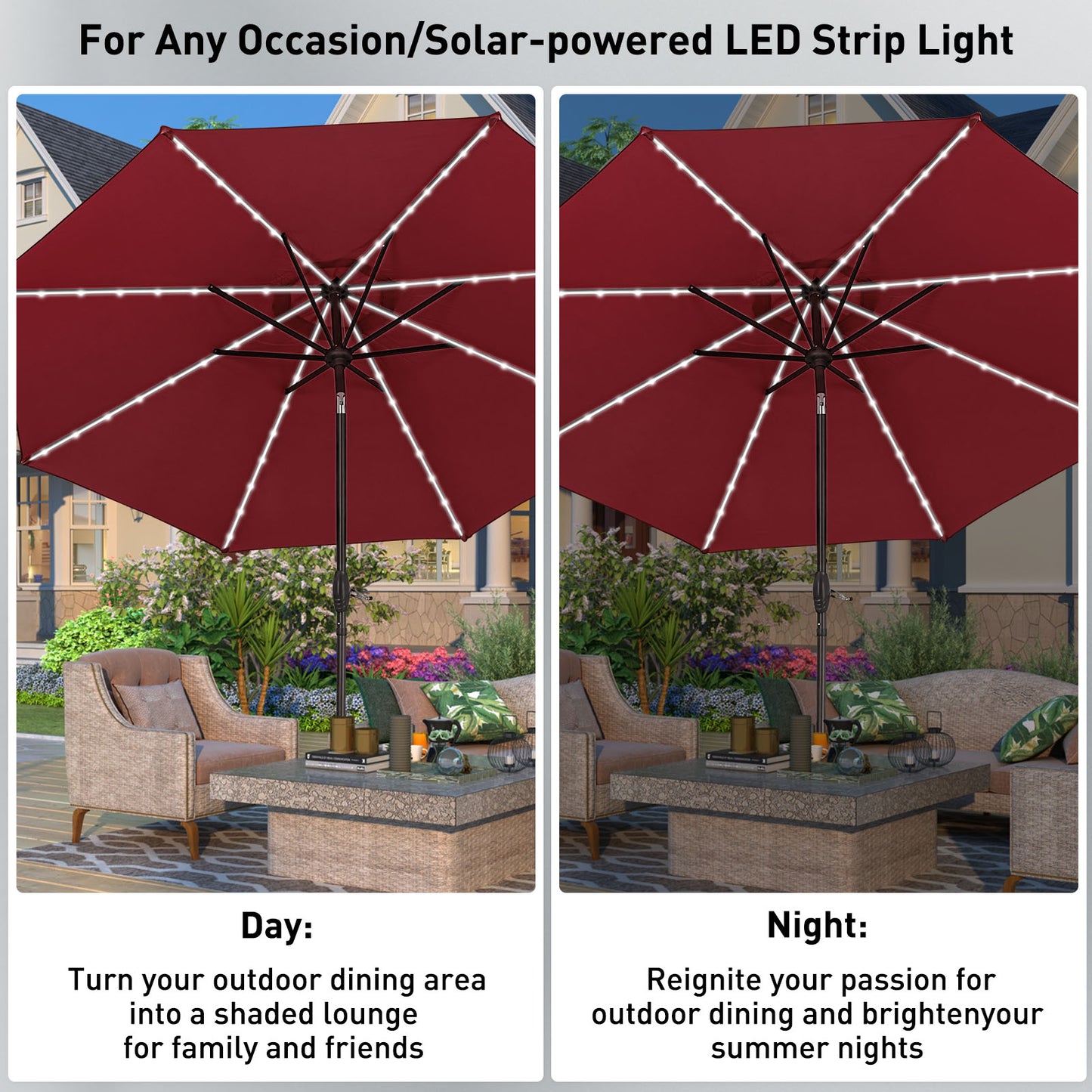 Autlaycil 10 ft Patio Umbrella with 8 LED Strip Lights, Contain Umbrella Base, Button to Tilt, Crank to Adjust Switch (Red)