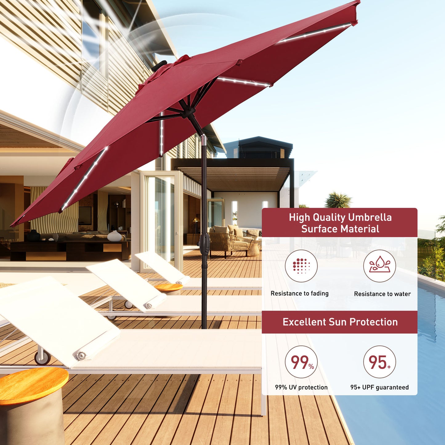 Autlaycil 10 ft Patio Umbrella with 8 LED Strip Lights, Contain Umbrella Base, Button to Tilt, Crank to Adjust Switch (Red)