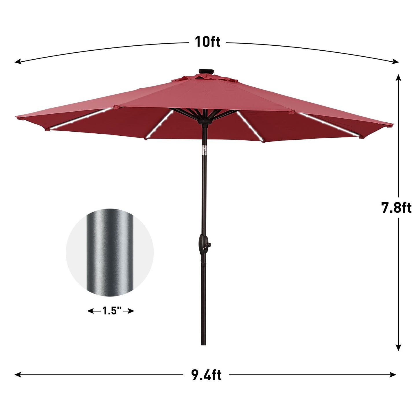 Autlaycil 10ft Patio Umbrellas with 8 Strip Lights Outdoor Market Umbrella with Tilt Crank, Solar Umnrella, Red
