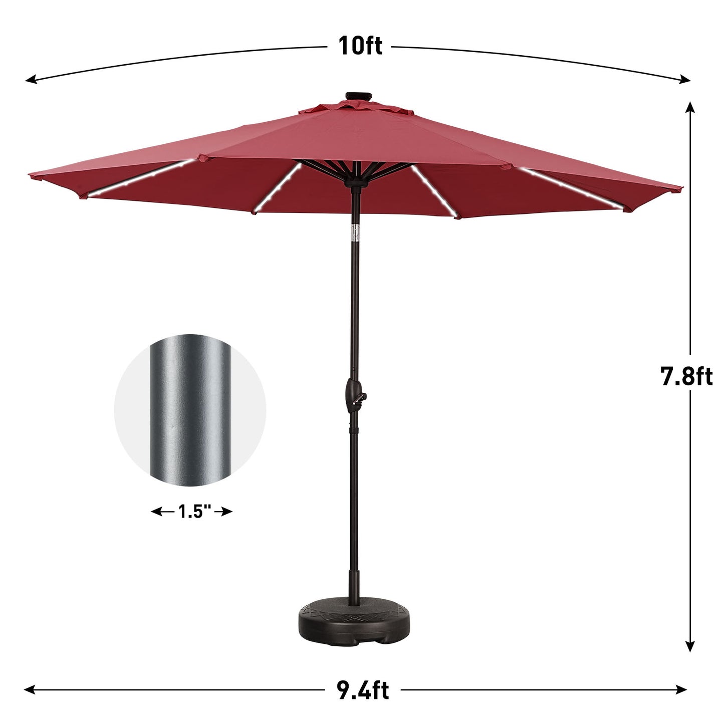 Autlaycil 10 ft Patio Umbrella with 8 LED Strip Lights, Contain Umbrella Base, Button to Tilt, Crank to Adjust Switch (Red)
