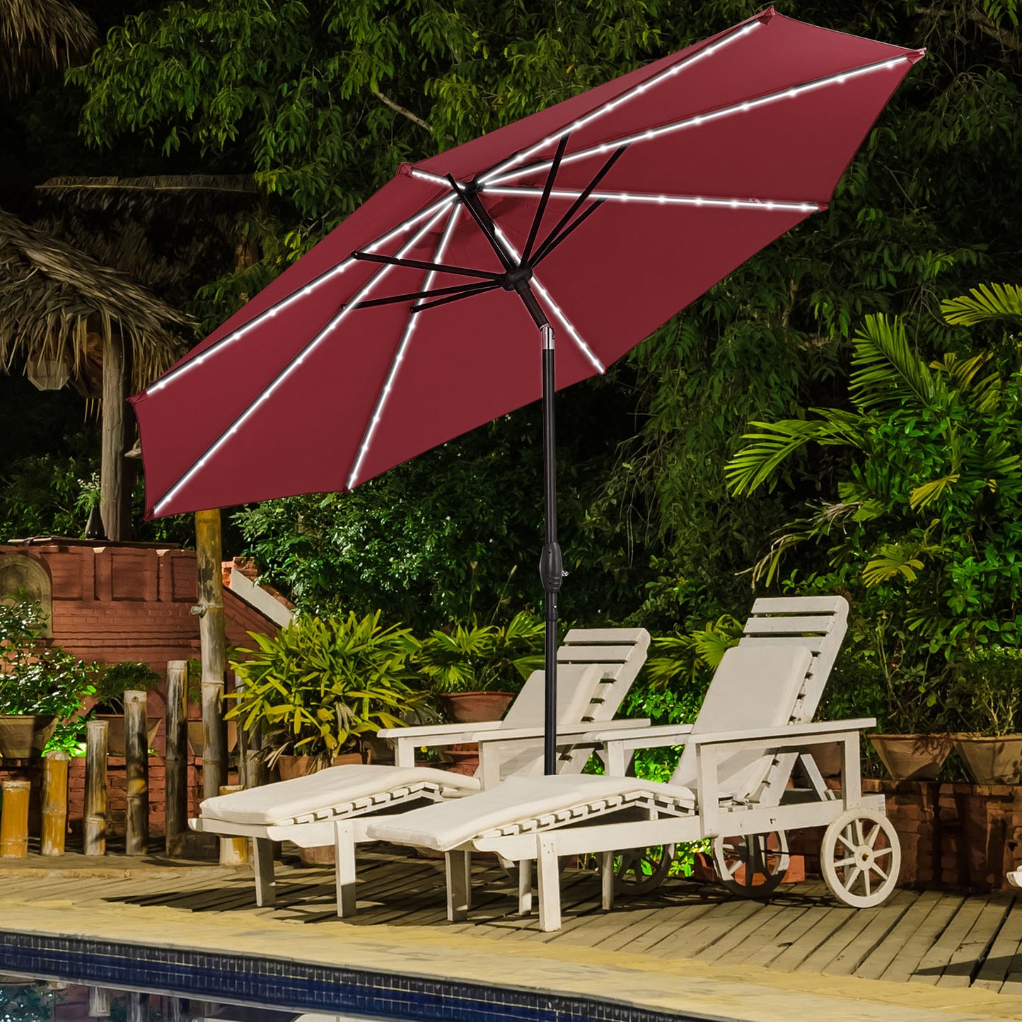 Autlaycil 10ft Patio Umbrellas with 8 Strip Lights Outdoor Market Umbrella with Tilt Crank, Solar Umnrella, Red