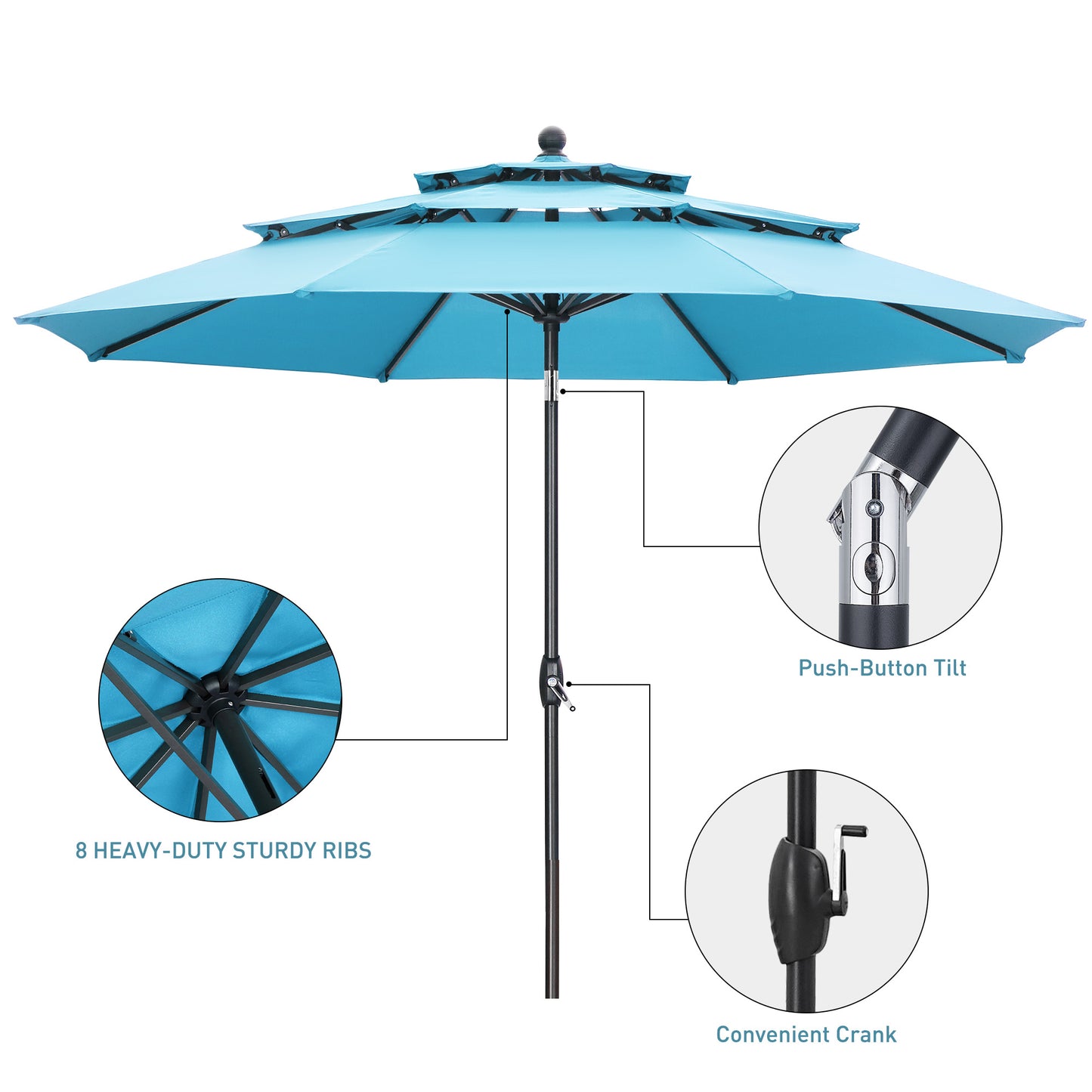 Autlaycil 10' Patio Umbrella and Base 3 Tiers with Tilt and Crank for Outdoor, Pool, Beach, Garden, Blue