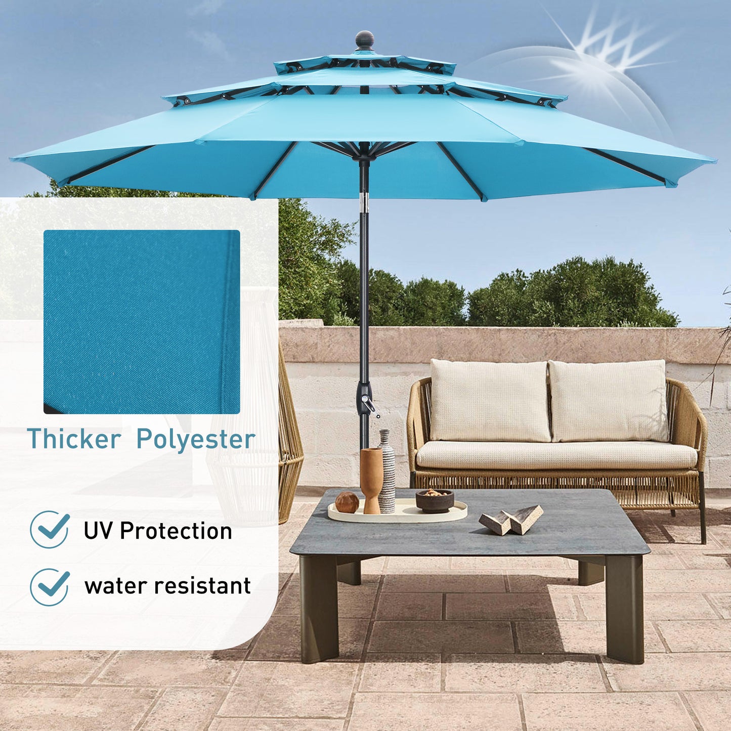 Autlaycil 10' Patio Umbrella and Base 3 Tiers with Tilt and Crank for Outdoor, Pool, Beach, Garden, Blue