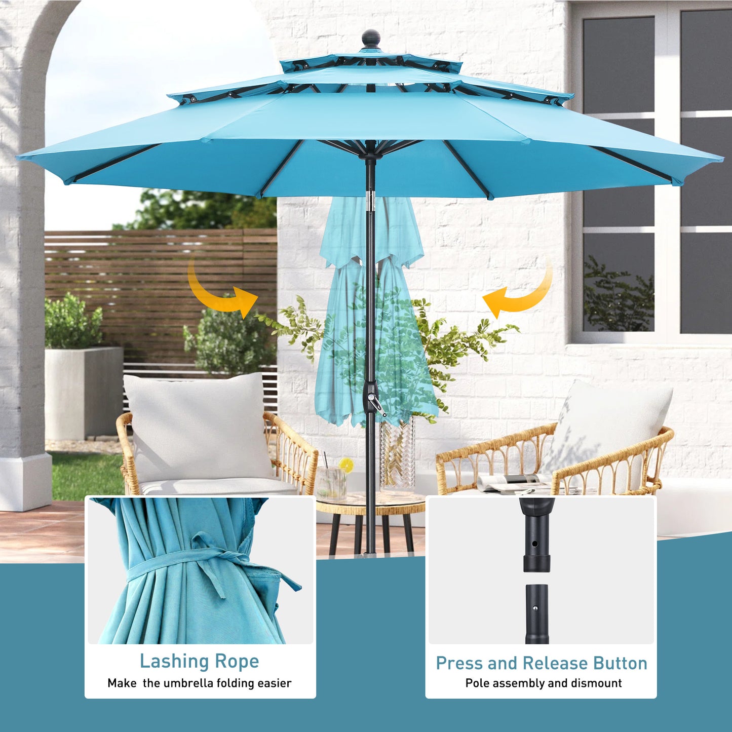 Autlaycil 10 ft Patio Umbrella 3 Tiers Adjustable Outdoor Market Umbrella with Crank for Beach Pool (Blue)