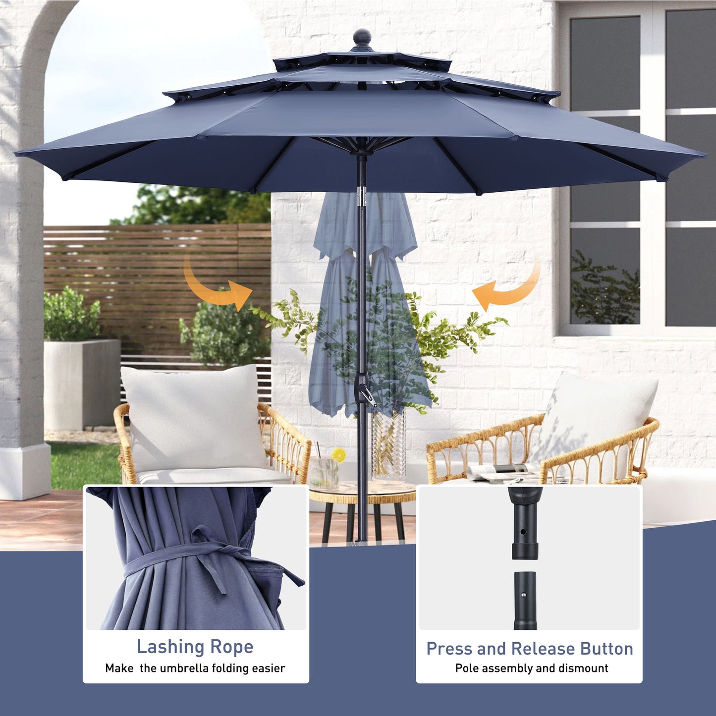 Autlaycil Patio Umbrella 10 ft Outdoor Umbrella with 3 Tiers Adjustable Outdoor Market and Crank Tilt Perfect Table Umbrella for Garden Lawn Backyard Pool, Navy Blue
