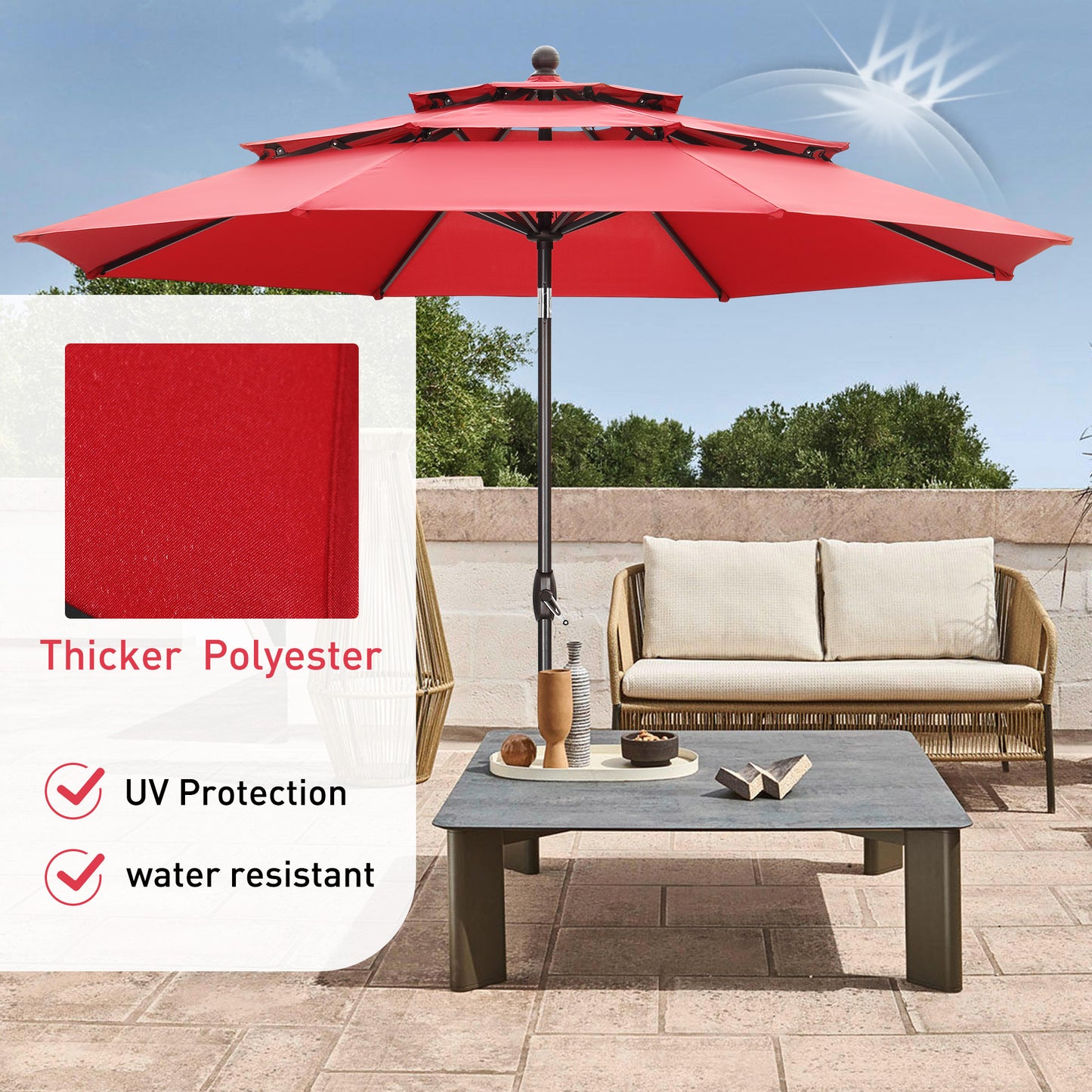Autlaycil Patio Umbrella 10 ft Outdoor Umbrella with 3 Tiers Adjustable Outdoor Market and Crank Tilt Perfect Table Umbrella for Garden Lawn Backyard Pool, Red