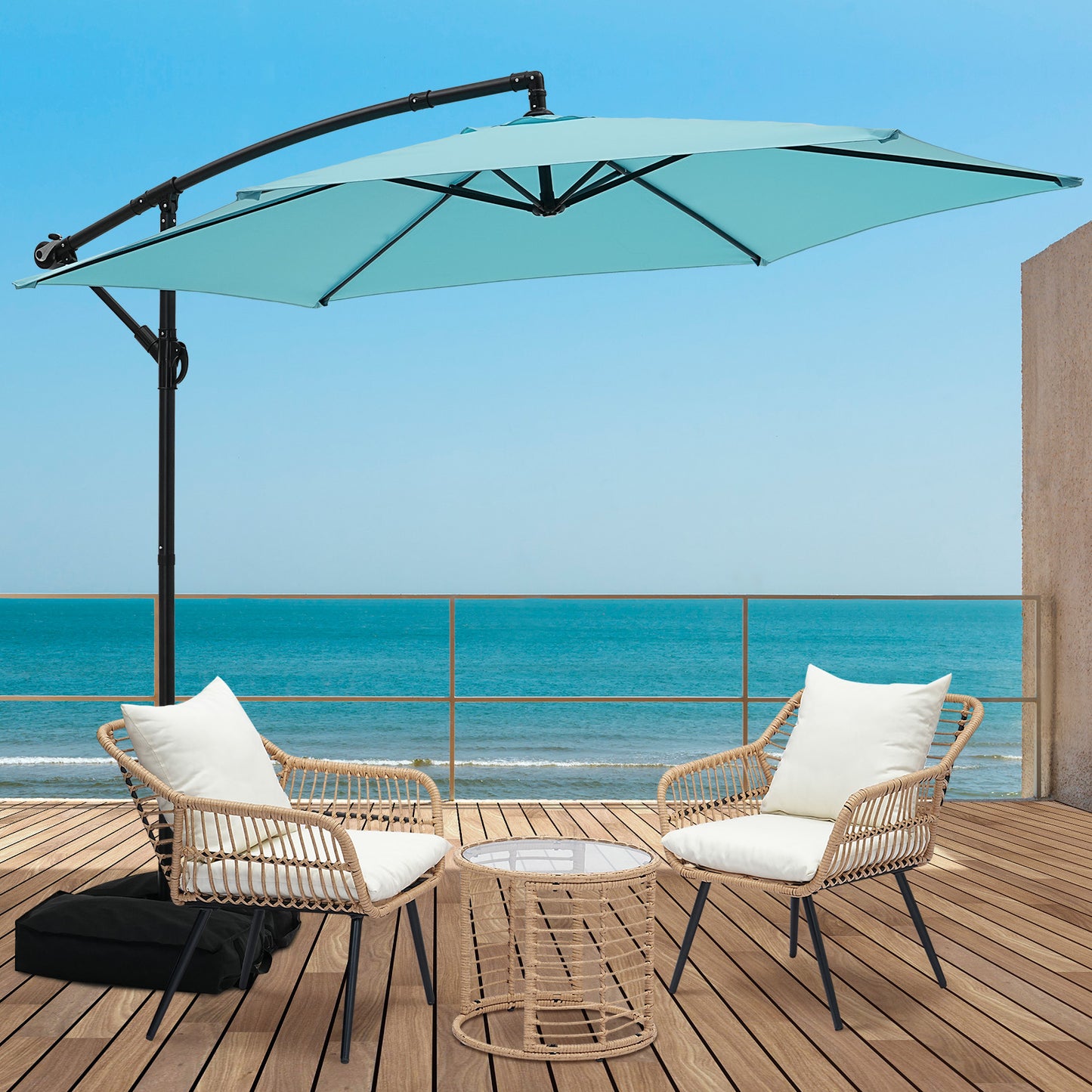 Autlaycil 5 Pcs Patio Outdoor Furniture Sets Contains 2 Wicker Furniture Patio Bistro Chairs, Table, 10 ft Cantilever Umbrella and Cross Base with Sandbag, Blue