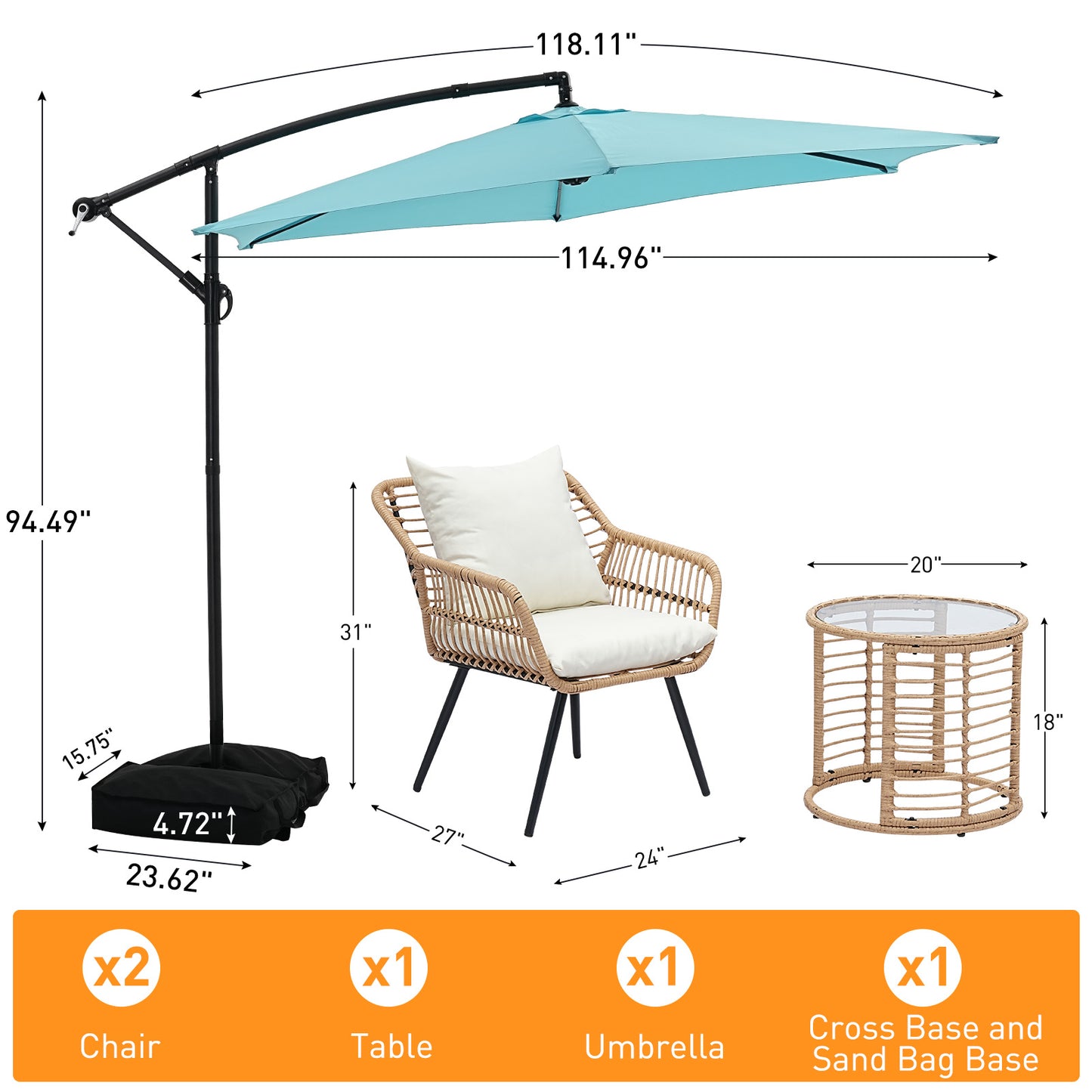 Autlaycil 5 Pcs Patio Outdoor Furniture Sets Contains 2 Wicker Furniture Patio Bistro Chairs, Table, 10 ft Cantilever Umbrella and Cross Base with Sandbag, Blue