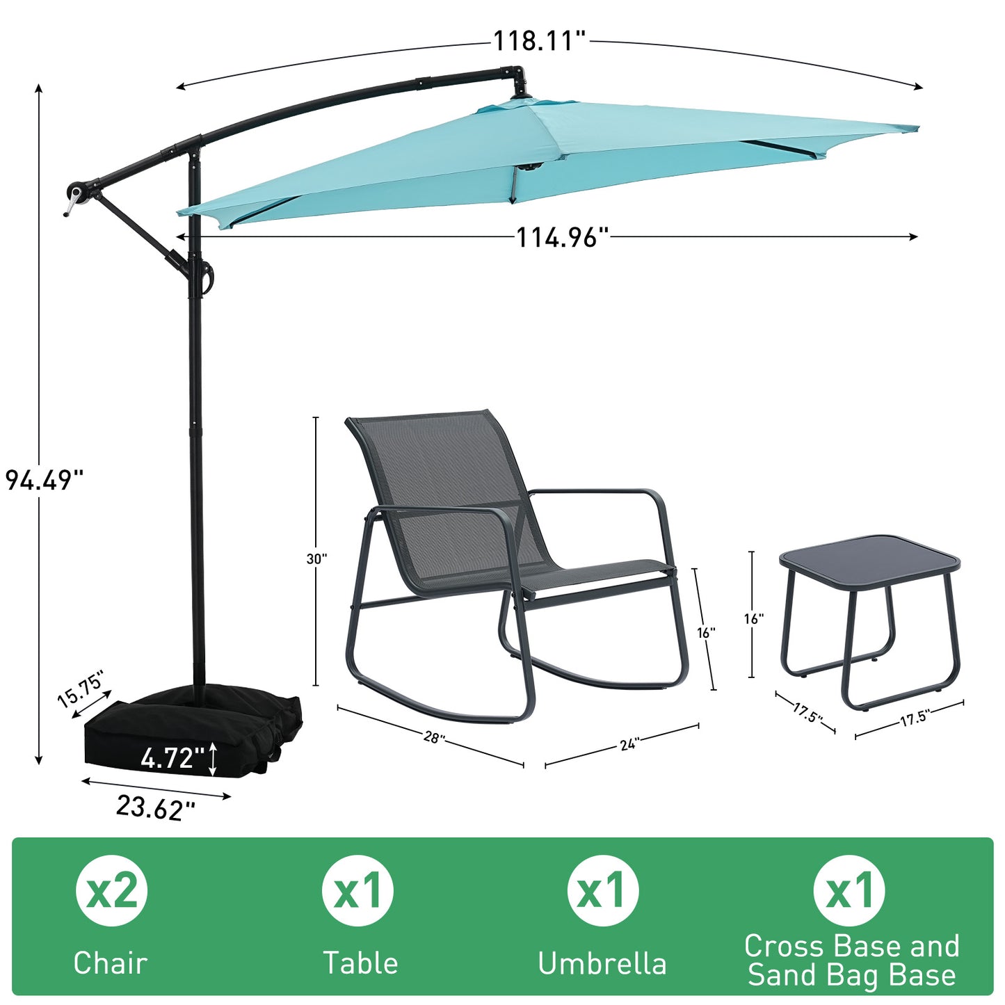 Autlaycil 5 Pcs Patio Outdoor Furniture Sets Contains 2 Textilene Fabric Rocking Bistro Chairs, Table, 10 ft Cantilever Umbrella and Cross Base with Sandbag, Blue