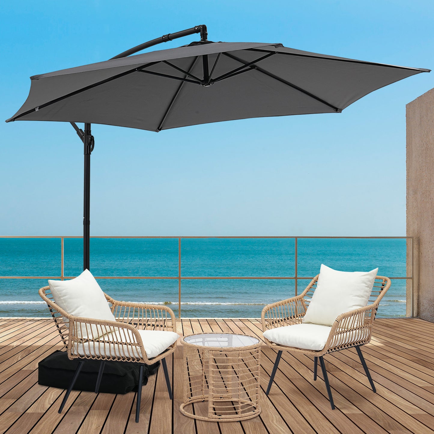 Autlaycil 5 Pcs Patio Outdoor Furniture Sets Contains 2 Wicker Furniture Patio Bistro Chairs, Table, 10 ft Cantilever Umbrella and Cross Base with Sandbag, Grey