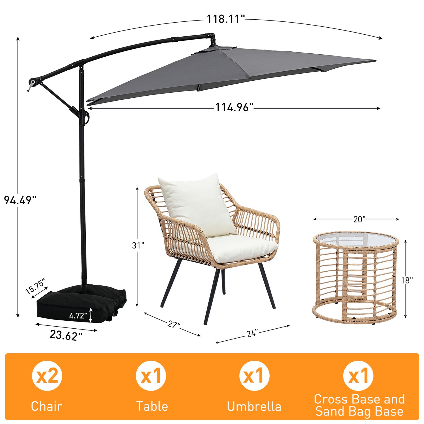Autlaycil 5 Pcs Patio Outdoor Furniture Sets Contains 2 Wicker Furniture Patio Bistro Chairs, Table, 10 ft Cantilever Umbrella and Cross Base with Sandbag, Grey