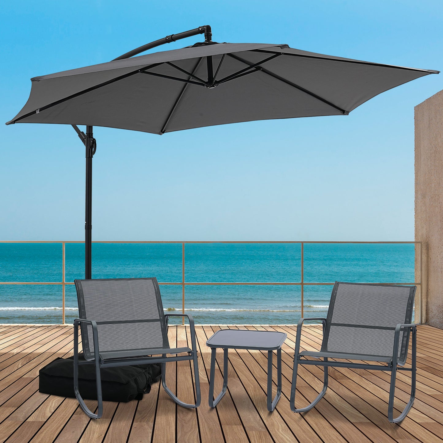 Autlaycil 5 Pcs Patio Outdoor Furniture Sets Contains 2 Textilene Fabric Rocking Bistro Chairs, Table, 10 ft Cantilever Umbrella and Cross Base with Sandbag, Grey