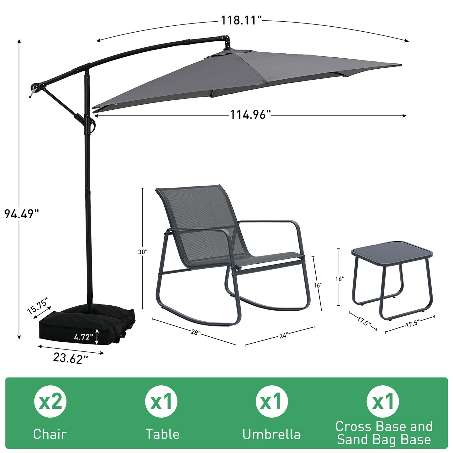 Autlaycil 5 Pcs Patio Outdoor Furniture Sets Contains 2 Textilene Fabric Rocking Bistro Chairs, Table, 10 ft Cantilever Umbrella and Cross Base with Sandbag, Grey