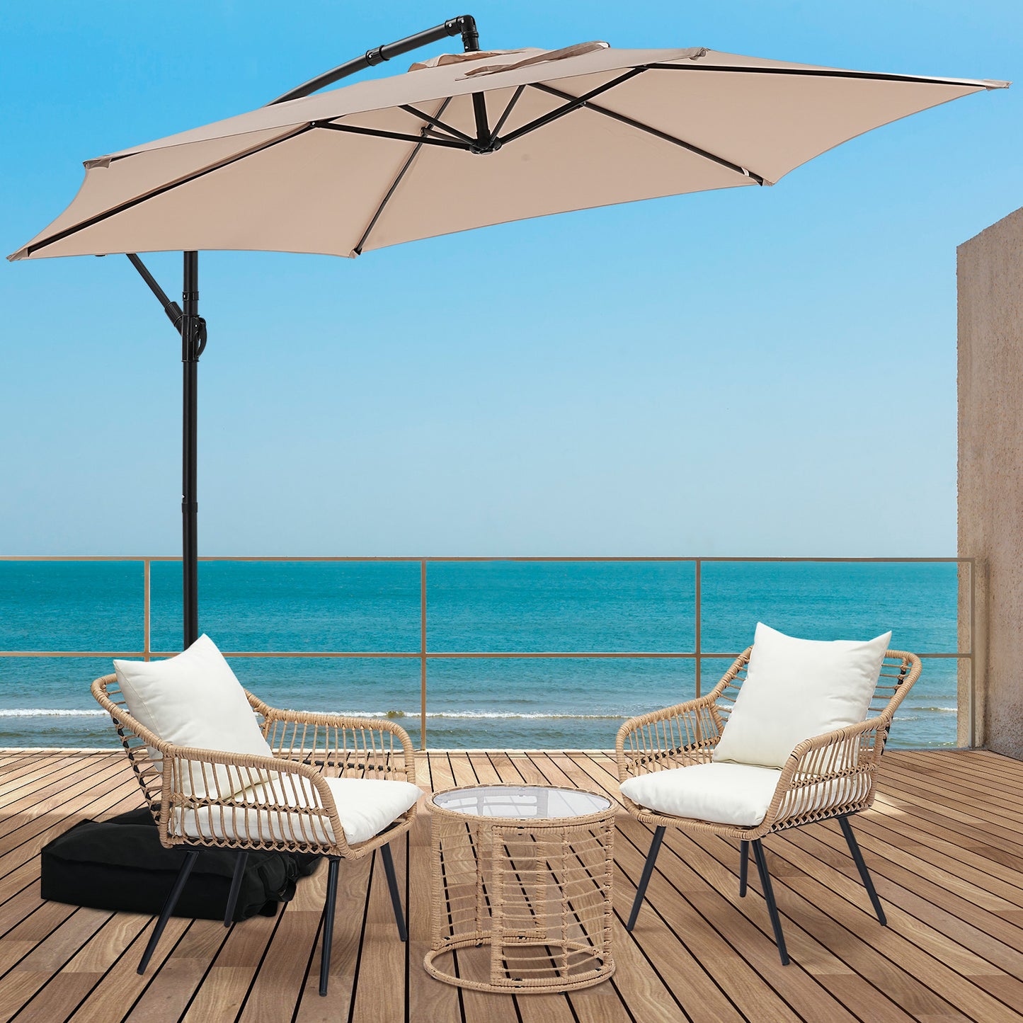 Autlaycil 5 Pcs Patio Outdoor Furniture Sets Contains 2 Wicker Furniture Patio Bistro Chairs, Table, 10 ft Cantilever Umbrella and Cross Base with Sandbag, Khaki