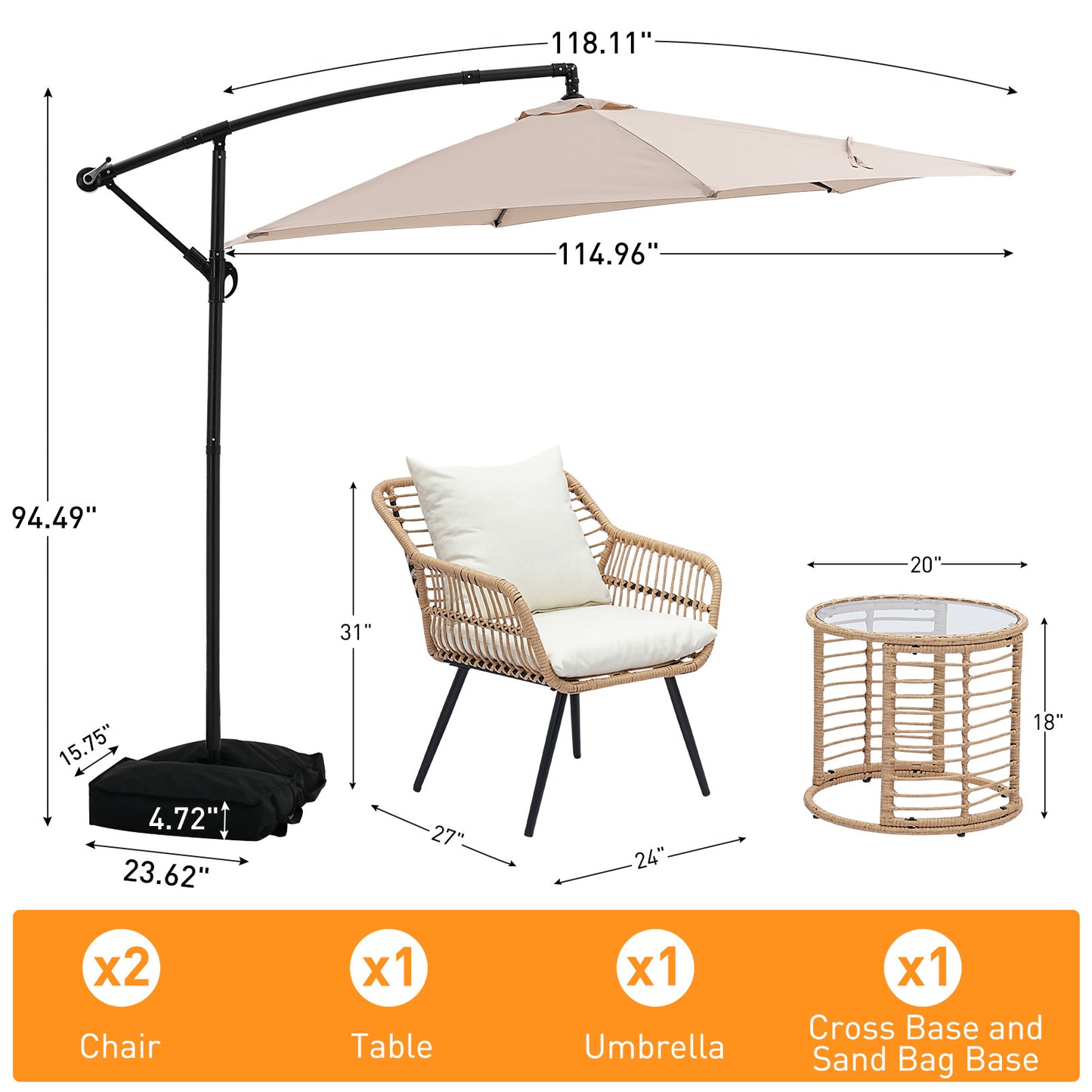 Autlaycil 5 Pcs Patio Outdoor Furniture Sets Contains 2 Wicker Furniture Patio Bistro Chairs, Table, 10 ft Cantilever Umbrella and Cross Base with Sandbag, Khaki