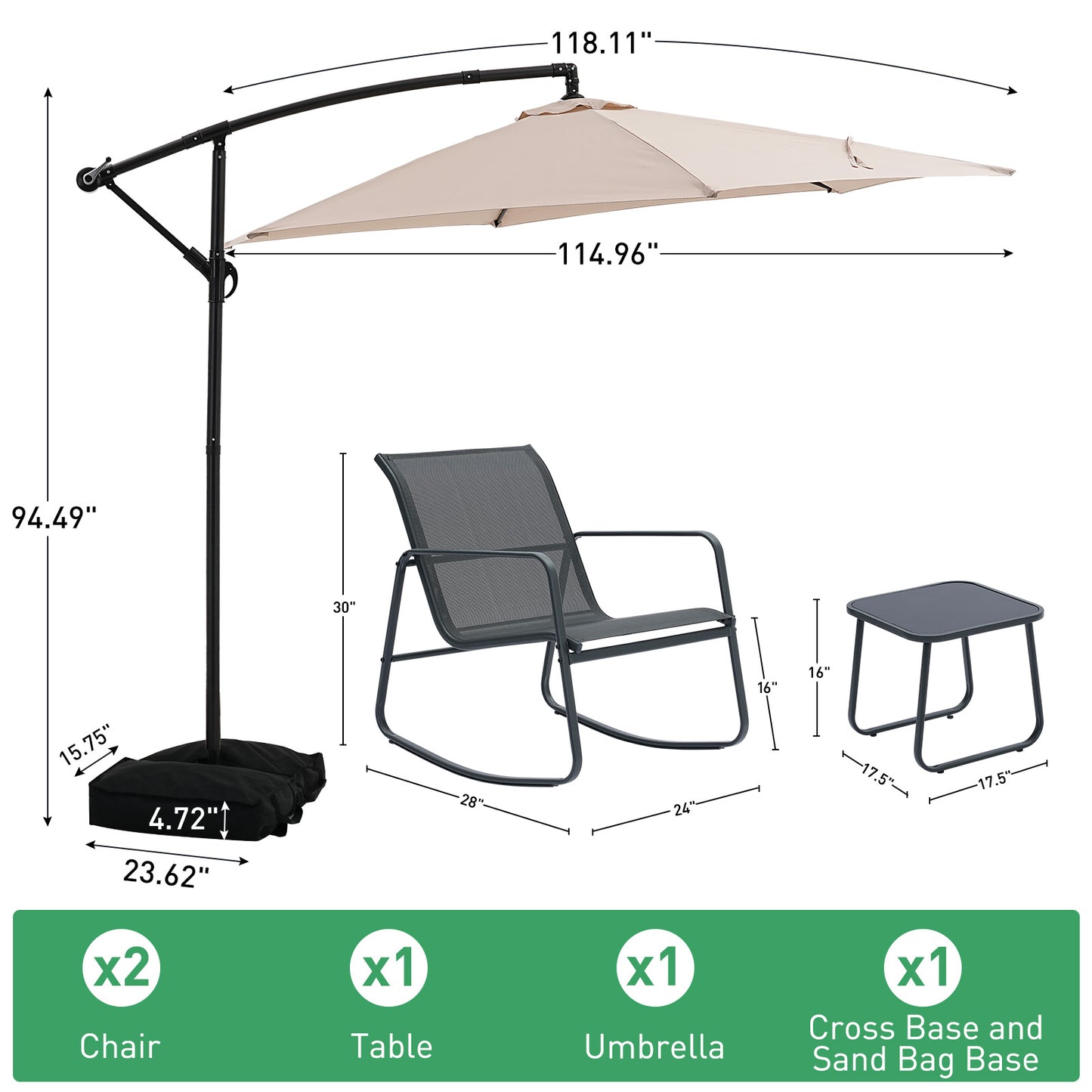 Autlaycil 5 Pcs Patio Outdoor Furniture Sets Contains 2 Textilene Fabric Rocking Bistro Chairs, Table, 10 ft Cantilever Umbrella and Cross Base with Sandbag, Khaki