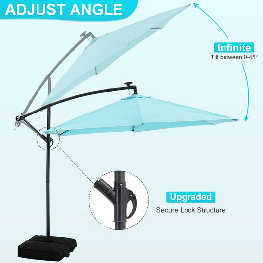 Autlaycil 10 ft Cantilever Offset Outdoor Patio Umbrella with 24 LED Ligths, with Cross Base and Stand bags, Easy Tilt Adjustment, Blue