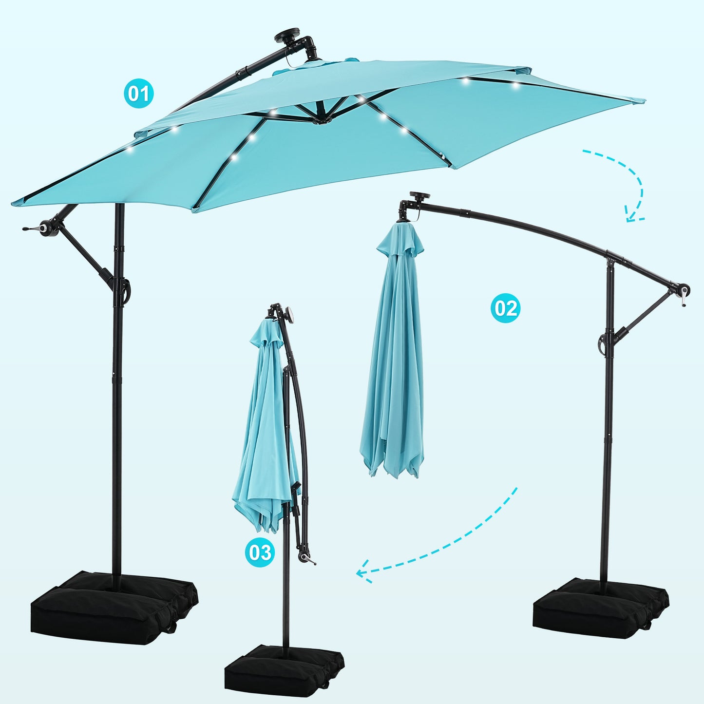 GDY 10 ft Cantilever Offset Outdoor Patio Umbrella with 24 LED Ligths, with Cross Base and Stand bags, Easy Tilt Adjustment, Blue
