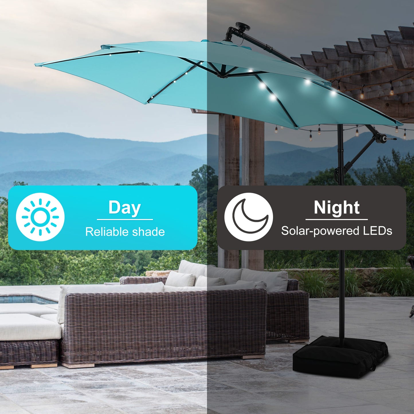 Autlaycil 5 Pcs Patio Outdoor Furniture Sets Contains 2 Wicker Furniture Patio Bistro Chairs, Table, 10 ft Solar Cantilever Umbrella and Cross Base with Sandbag, Blue