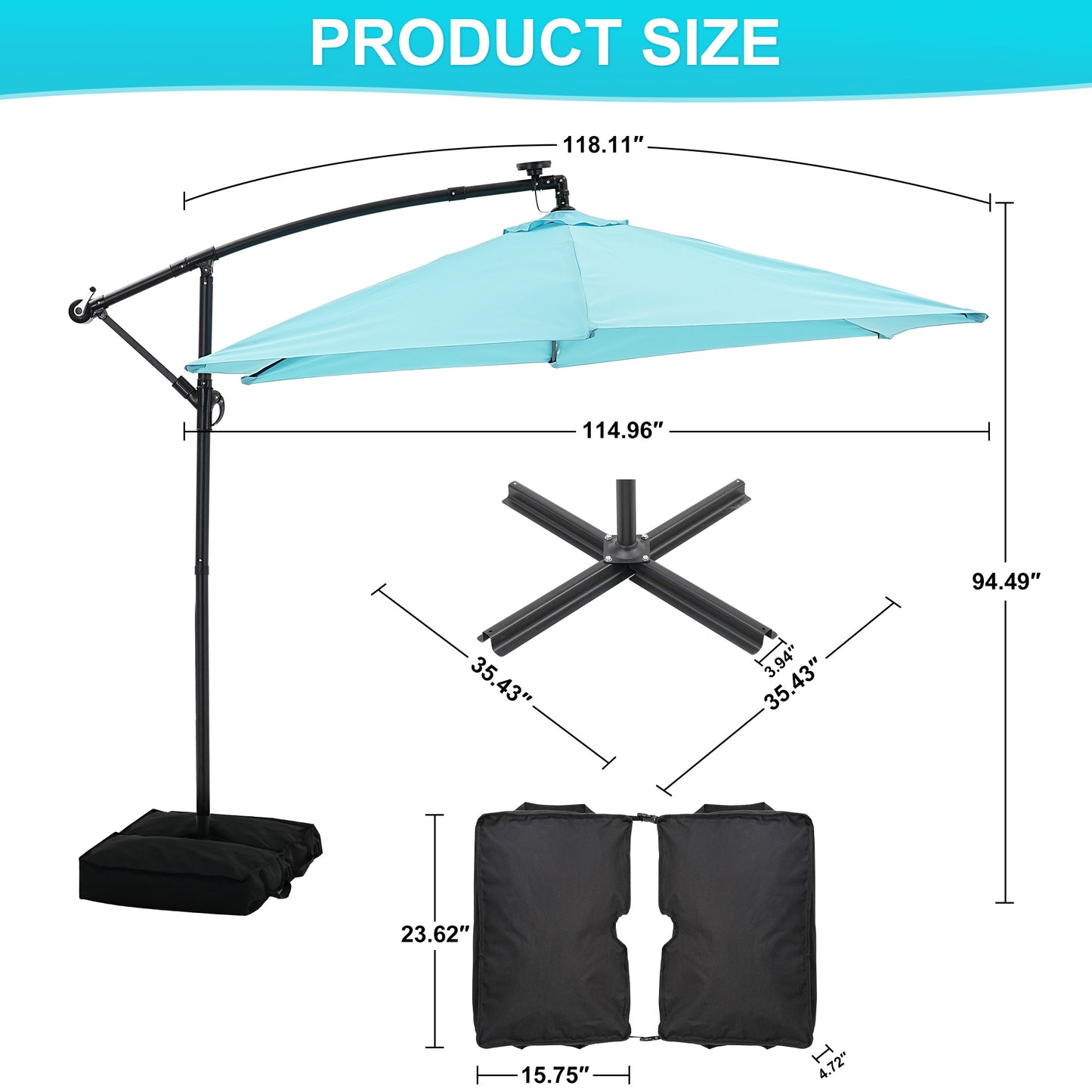 GDY 10 ft Cantilever Offset Outdoor Patio Umbrella with 24 LED Ligths, with Cross Base and Stand bags, Easy Tilt Adjustment, Blue