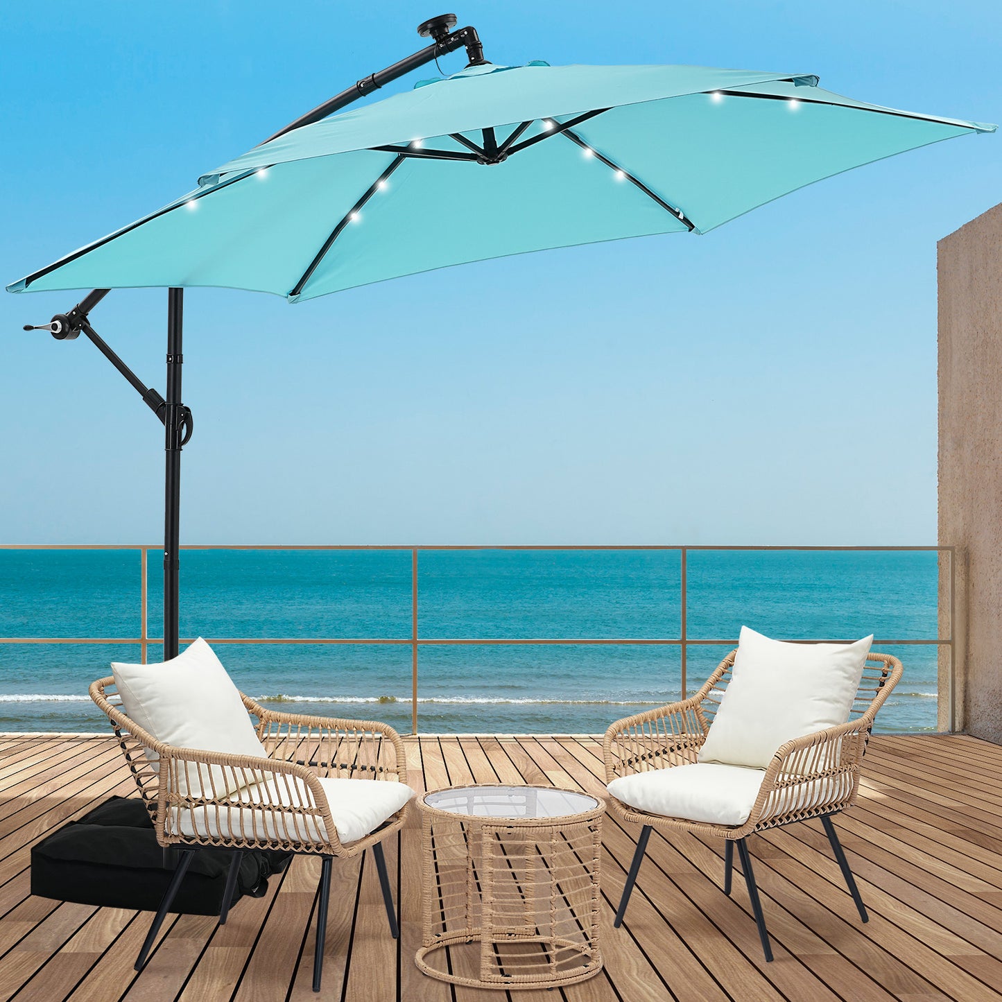 Autlaycil 5 Pcs Patio Outdoor Furniture Sets Contains 2 Wicker Furniture Patio Bistro Chairs, Table, 10 ft Solar Cantilever Umbrella and Cross Base with Sandbag, Blue