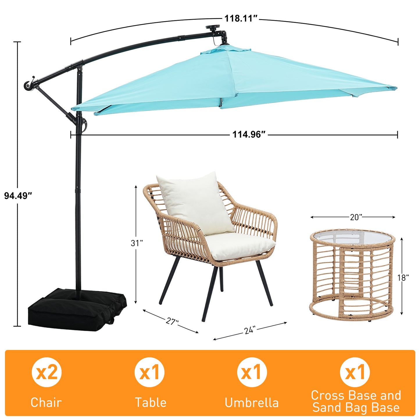 Autlaycil 5 Pcs Patio Outdoor Furniture Sets Contains 2 Wicker Furniture Patio Bistro Chairs, Table, 10 ft Solar Cantilever Umbrella and Cross Base with Sandbag, Blue