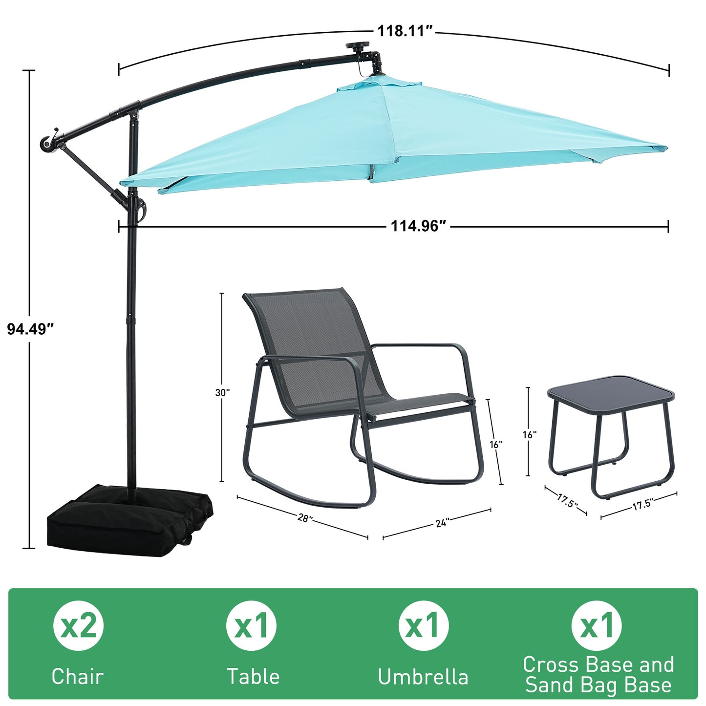 Autlaycil 5 Pcs Patio Outdoor Furniture Sets Contains 2 Textilene Fabric Rocking Bistro Chairs, Table, 10 ft Solar Cantilever Umbrella and Cross Base with Sandbag, Blue