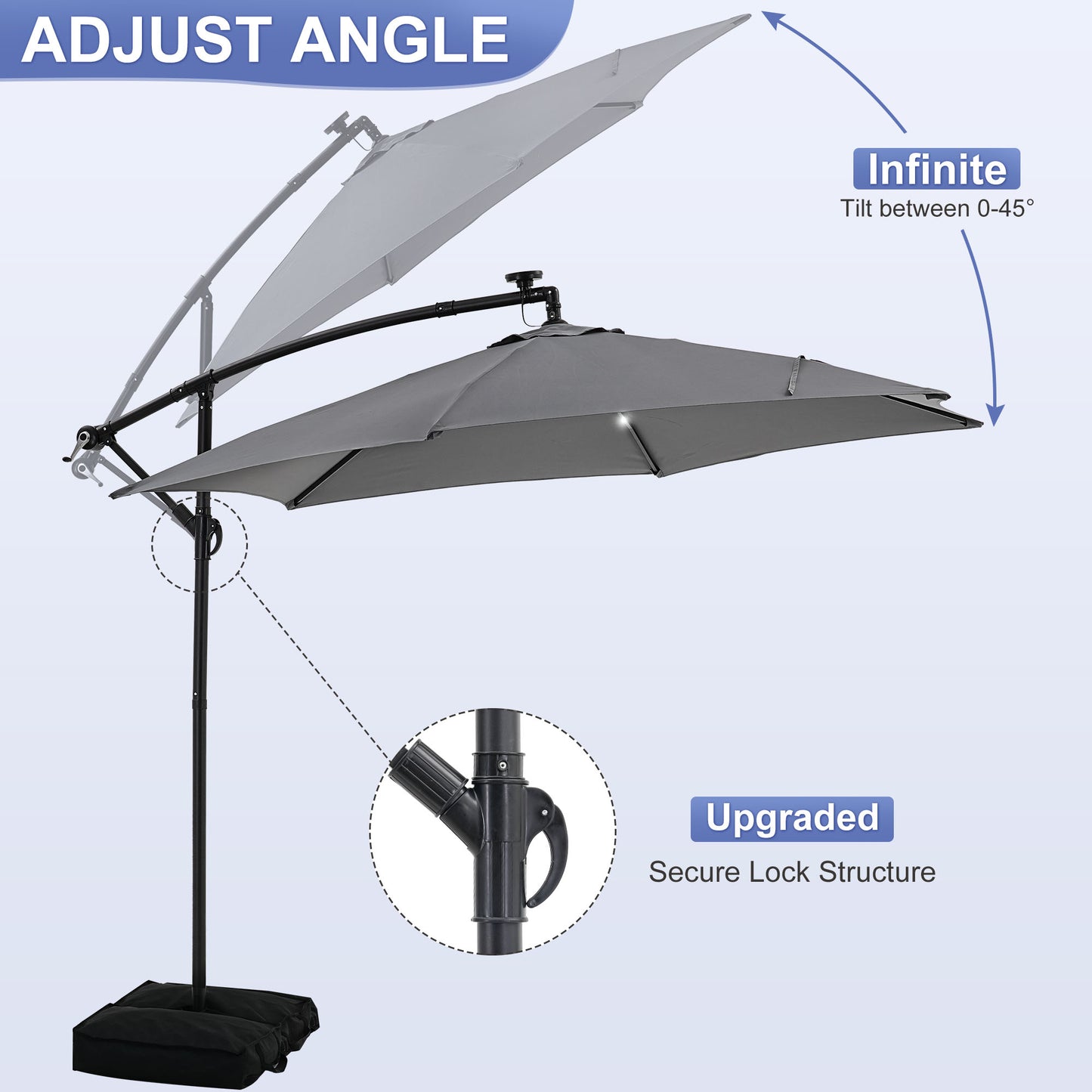 GDY 10 ft Cantilever Offset Outdoor Patio Umbrella with 24 LED Ligths, with Cross Base and Stand bags, Easy Tilt Adjustment, Grey