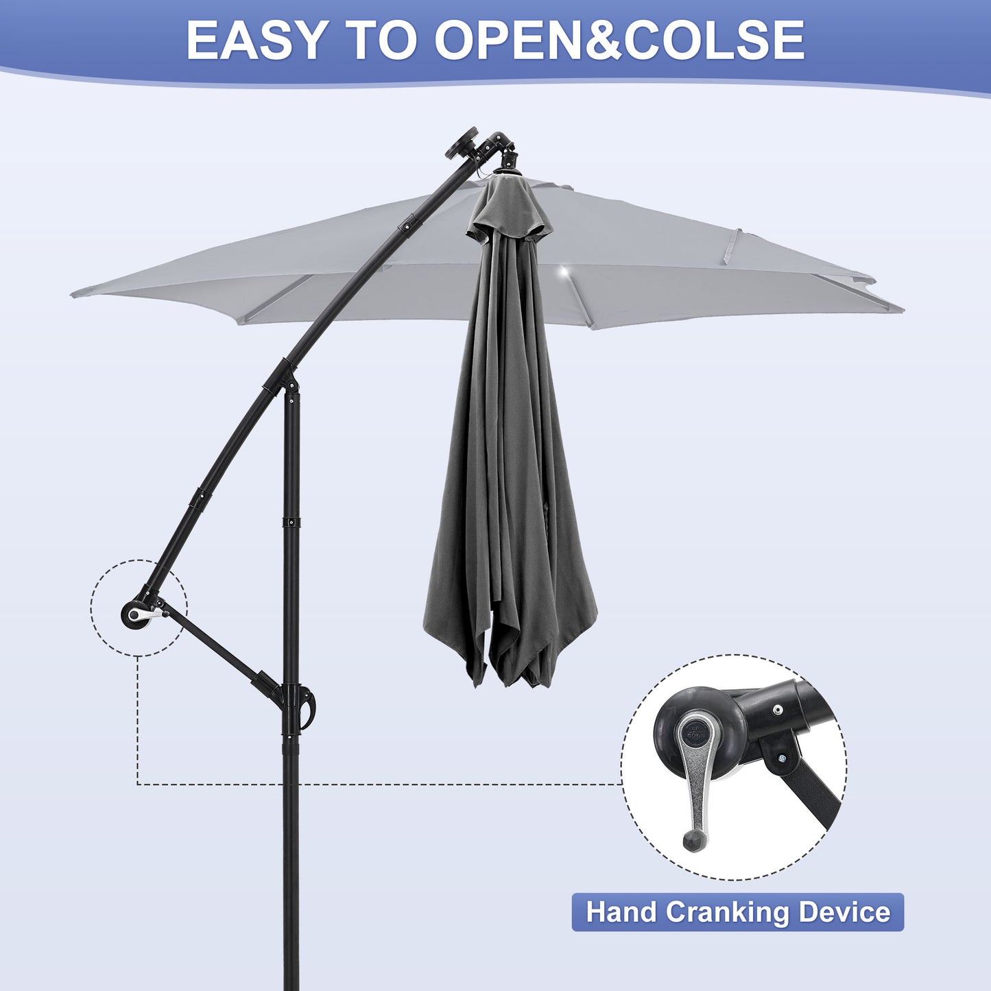 GDY 10 ft Cantilever Offset Outdoor Patio Umbrella with 24 LED Ligths, with Cross Base and Stand bags, Easy Tilt Adjustment, Grey