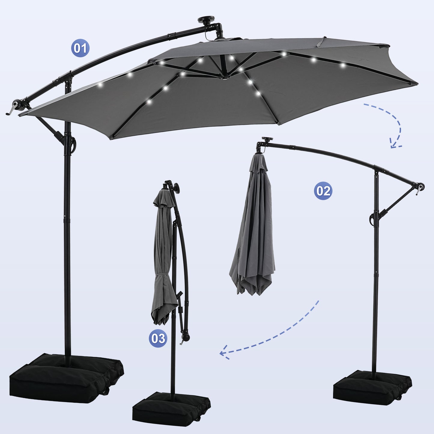 GDY 10 ft Cantilever Offset Outdoor Patio Umbrella with 24 LED Ligths, with Cross Base and Stand bags, Easy Tilt Adjustment, Grey
