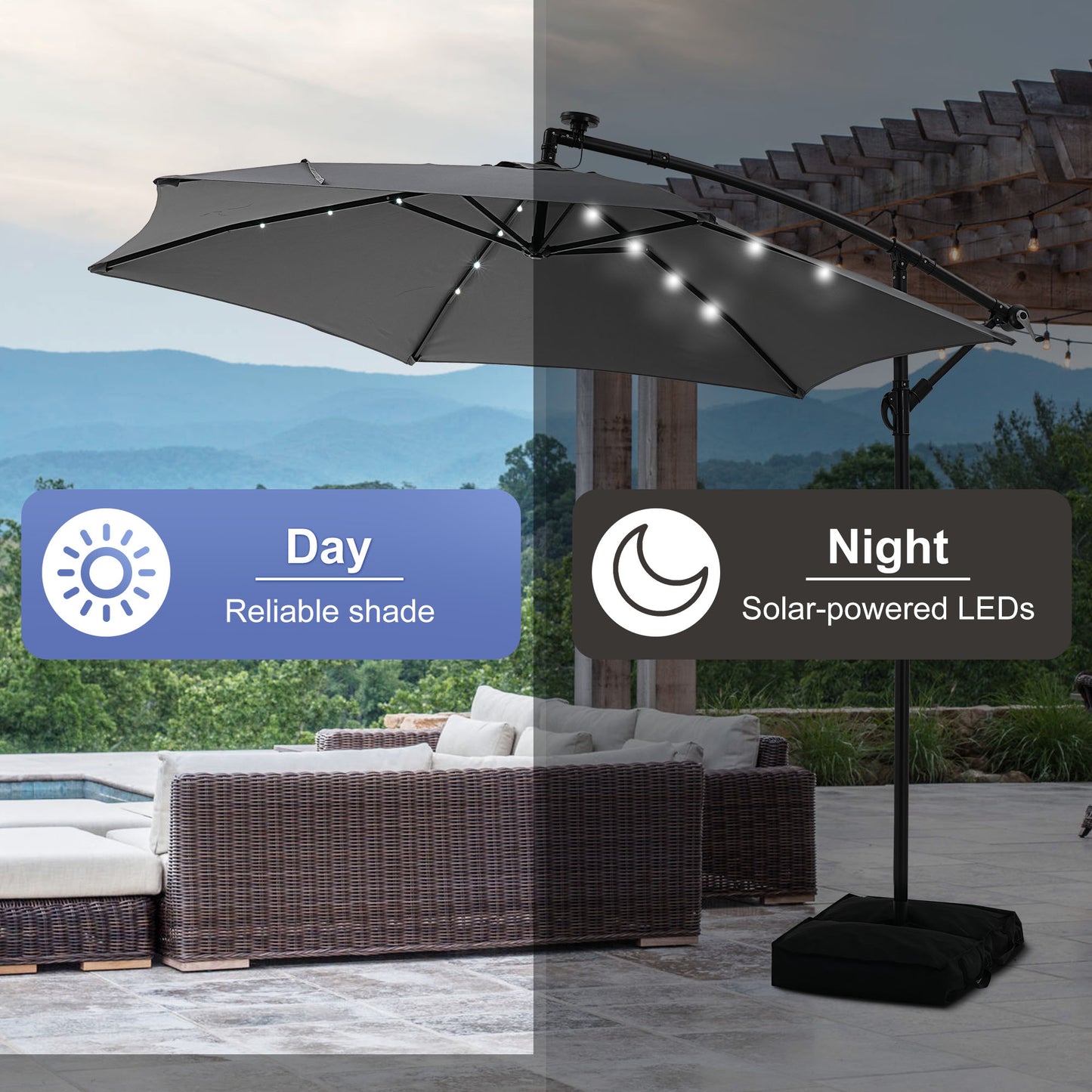Autlaycil 5 Pcs Patio Outdoor Furniture Sets Contains 2 Wicker Furniture Patio Bistro Chairs, Table, 10 ft Solar Cantilever Umbrella and Cross Base with Sandbag, Grey