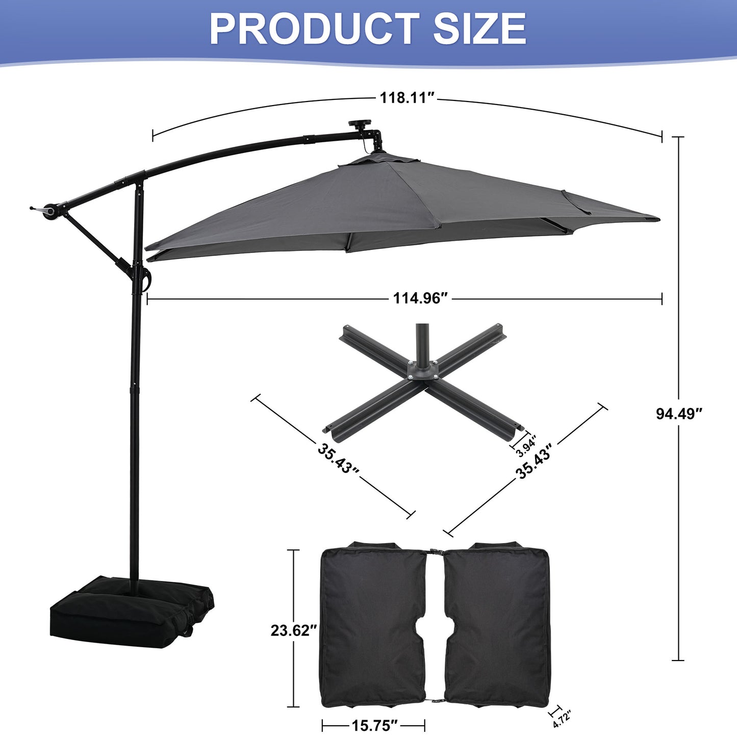 GDY 10 ft Cantilever Offset Outdoor Patio Umbrella with 24 LED Ligths, with Cross Base and Stand bags, Easy Tilt Adjustment, Grey