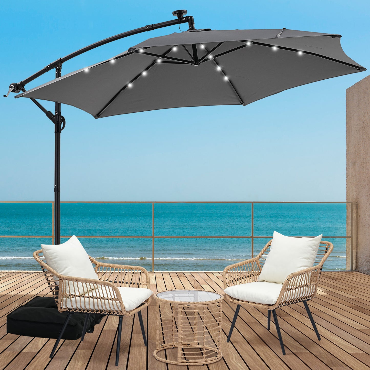 Autlaycil 5 Pcs Patio Outdoor Furniture Sets Contains 2 Wicker Furniture Patio Bistro Chairs, Table, 10 ft Solar Cantilever Umbrella and Cross Base with Sandbag, Grey