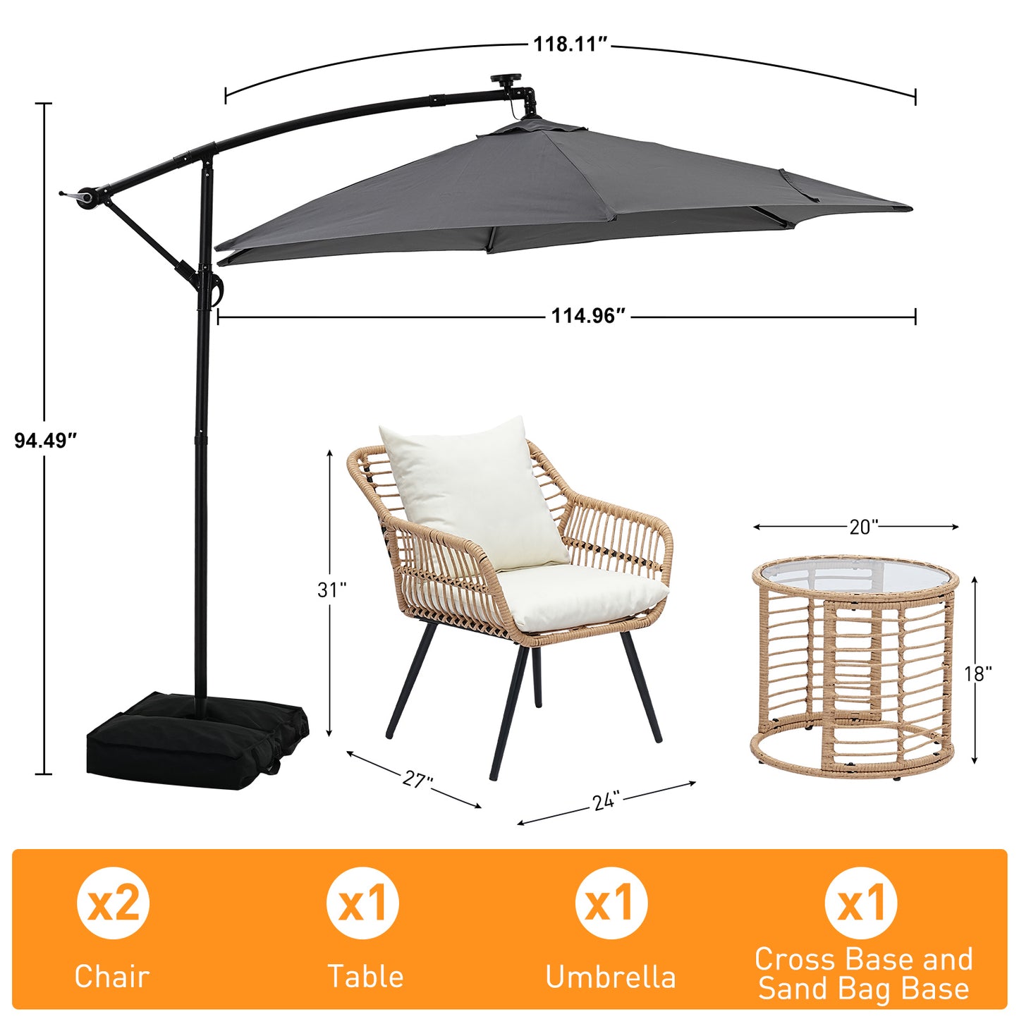 Autlaycil 5 Pcs Patio Outdoor Furniture Sets Contains 2 Wicker Furniture Patio Bistro Chairs, Table, 10 ft Solar Cantilever Umbrella and Cross Base with Sandbag, Grey
