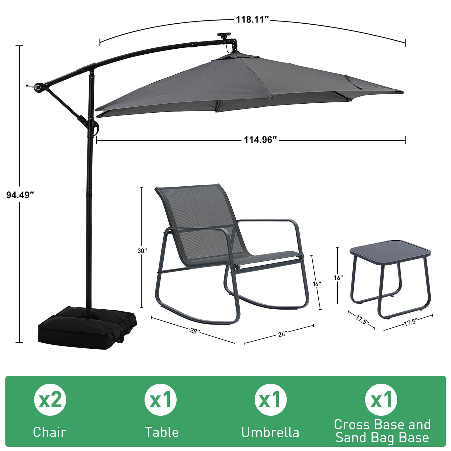 Autlaycil 5 Pcs Patio Outdoor Furniture Sets Contains 2 Textilene Fabric Rocking Bistro Chairs, Table, 10 ft Solar Cantilever Umbrella and Cross Base with Sandbag, Grey