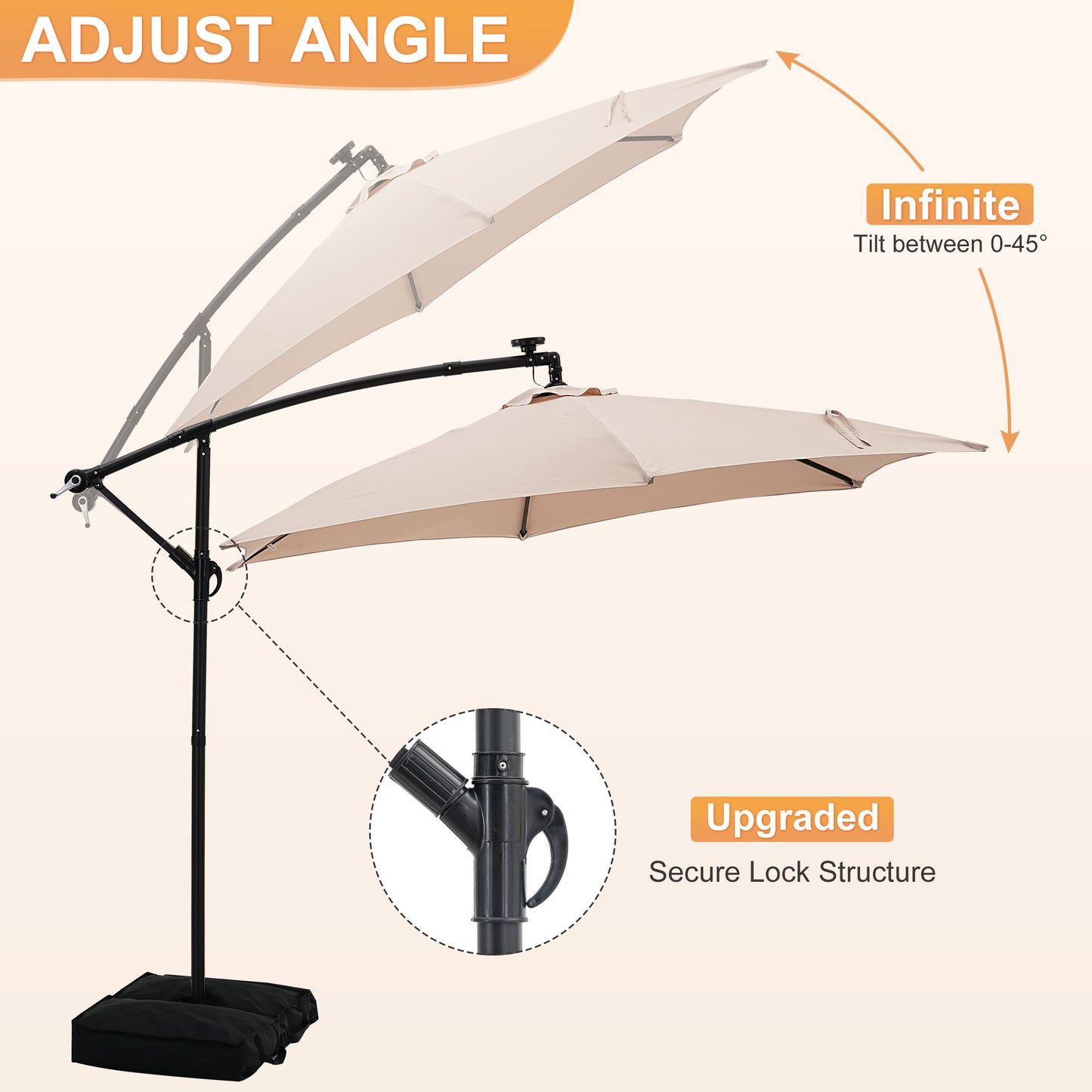 GDY 10 ft Cantilever Offset Outdoor Patio Umbrella with 24 LED Ligths, with Cross Base and Stand bags, Easy Tilt Adjustment, Khaki