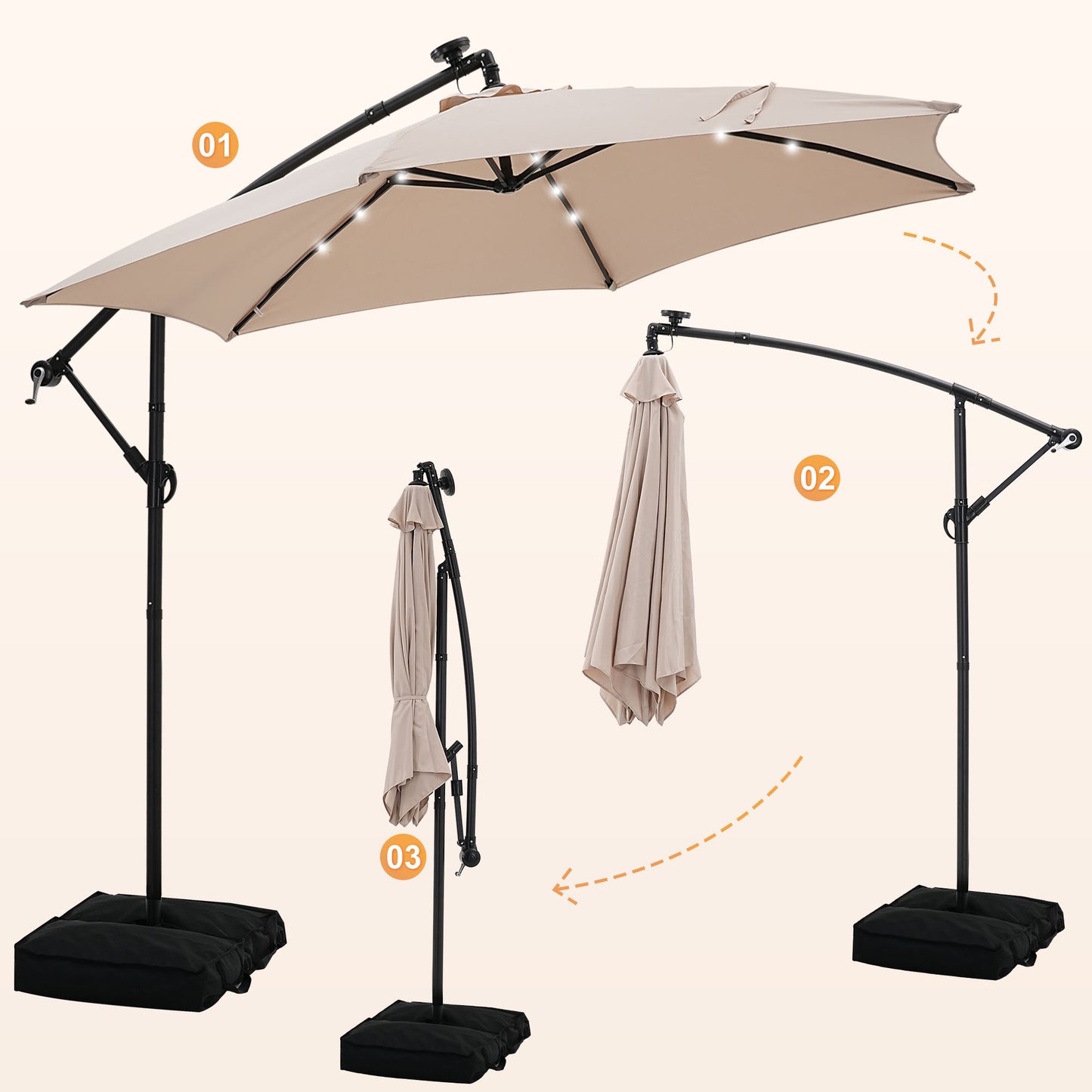 GDY 10 ft Cantilever Offset Outdoor Patio Umbrella with 24 LED Ligths, with Cross Base and Stand bags, Easy Tilt Adjustment, Khaki