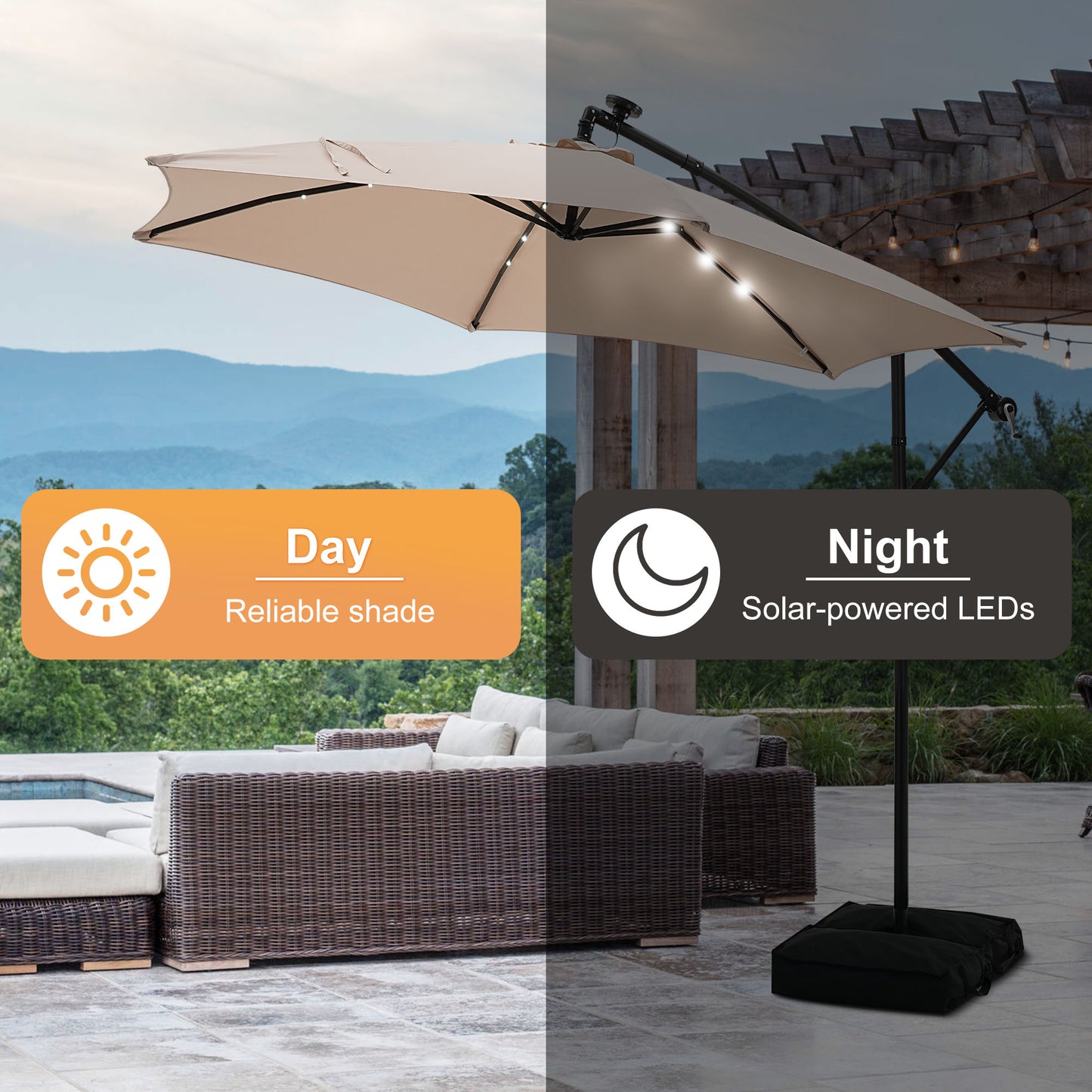 GDY 10 ft Cantilever Offset Outdoor Patio Umbrella with 24 LED Ligths, with Cross Base and Stand bags, Easy Tilt Adjustment, Khaki