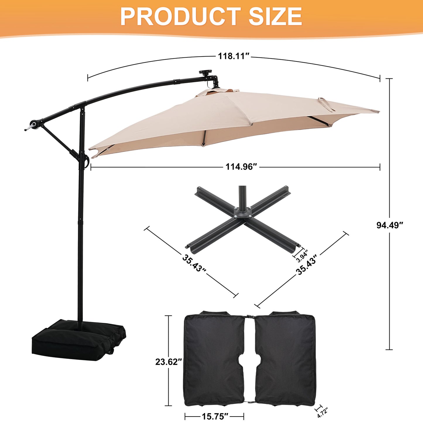 GDY 10 ft Cantilever Offset Outdoor Patio Umbrella with 24 LED Ligths, with Cross Base and Stand bags, Easy Tilt Adjustment, Khaki