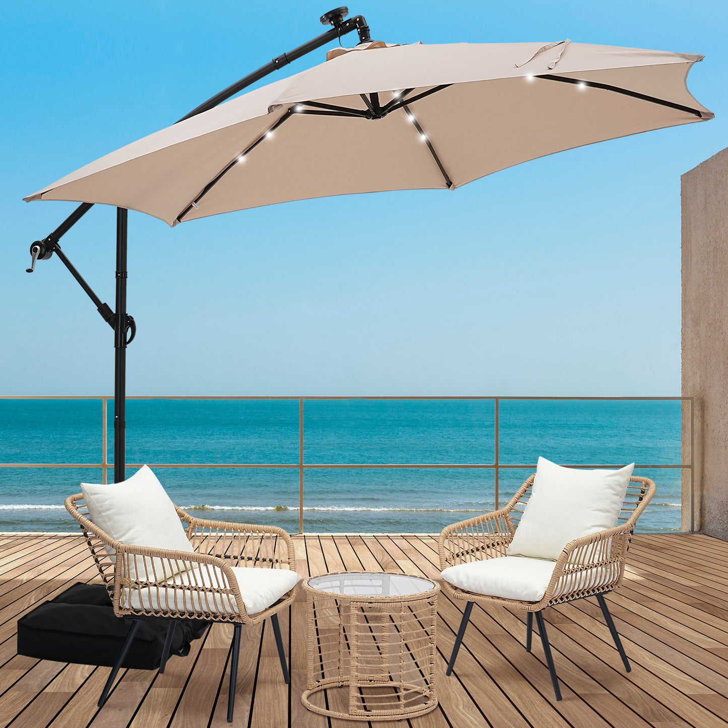 Autlaycil 5 Pcs Patio Outdoor Furniture Sets Contains 2 Wicker Furniture Patio Bistro Chairs, Table, 10 ft Solar Cantilever Umbrella and Cross Base with Sandbag, Khaki
