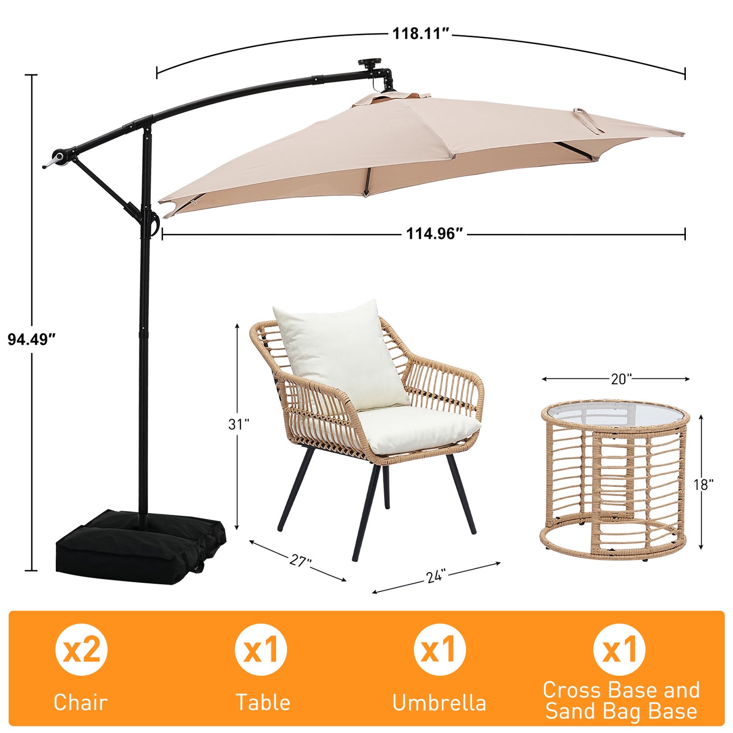 Autlaycil 5 Pcs Patio Outdoor Furniture Sets Contains 2 Wicker Furniture Patio Bistro Chairs, Table, 10 ft Solar Cantilever Umbrella and Cross Base with Sandbag, Khaki