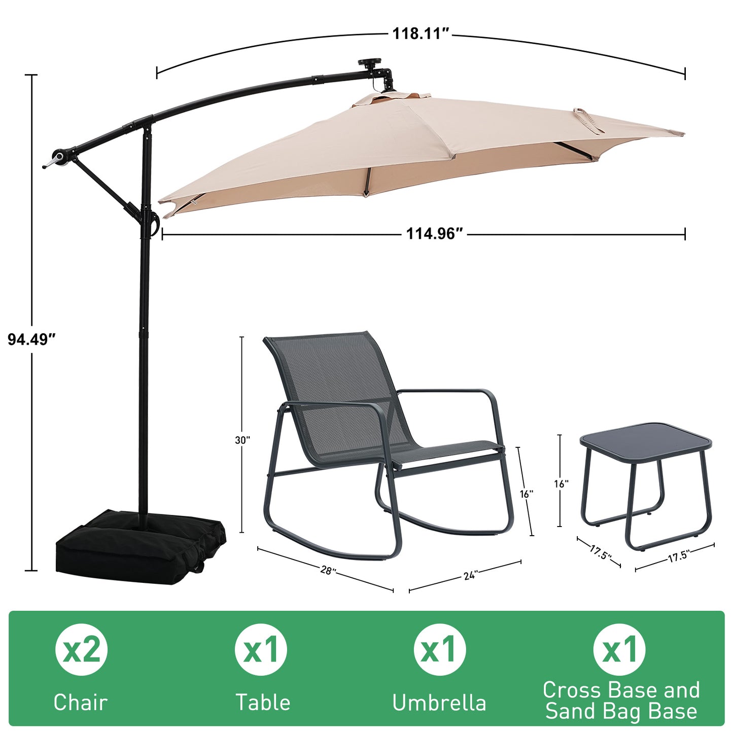 Autlaycil 5 Pcs Patio Outdoor Furniture Sets Contains 2 Textilene Fabric Rocking Bistro Chairs, Table, 10 ft Solar Cantilever Umbrella and Cross Base with Sandbag, Khaki