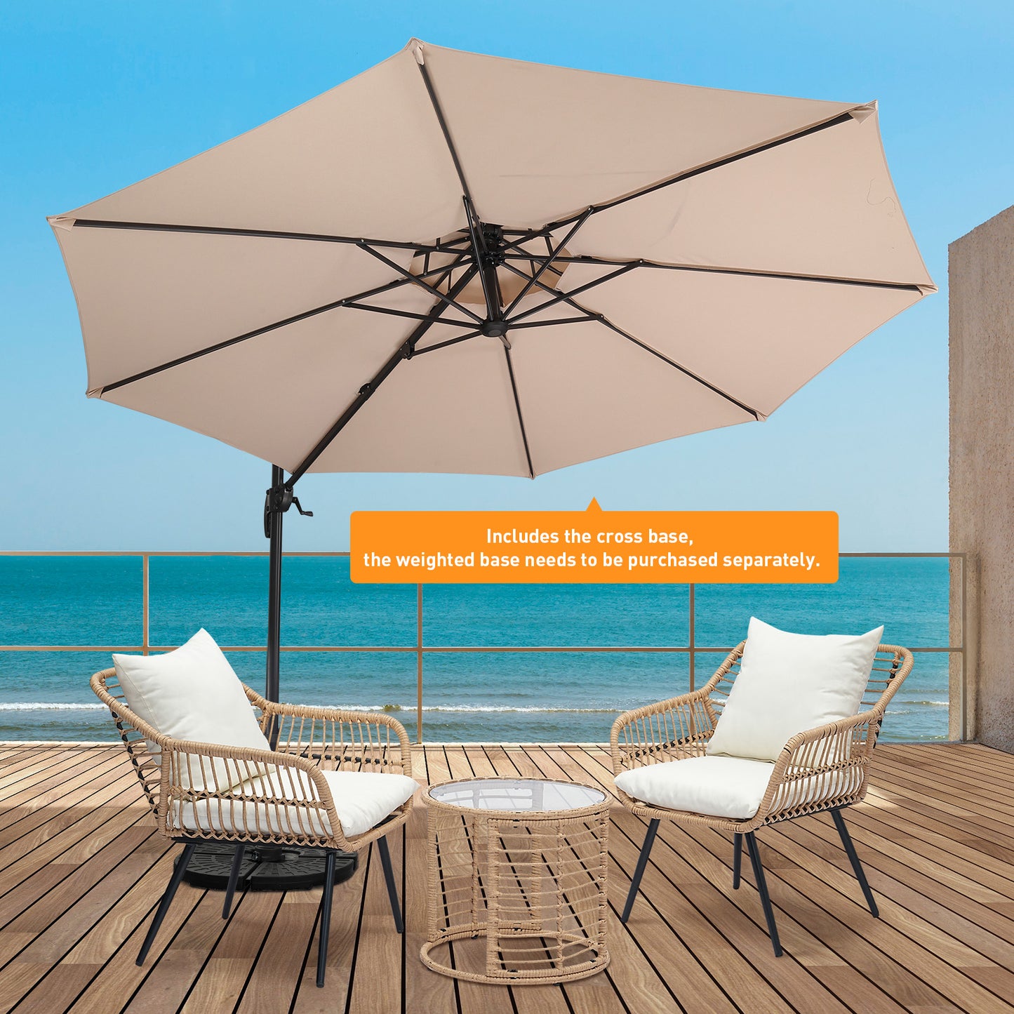 Autlaycil 5 Pcs Patio Outdoor Furniture Sets Contains 2 Wicker Furniture Patio Bistro Chairs, Table, 10 ft Outdoor Offset Cantilever Umbrella and Cross Base, Khaki